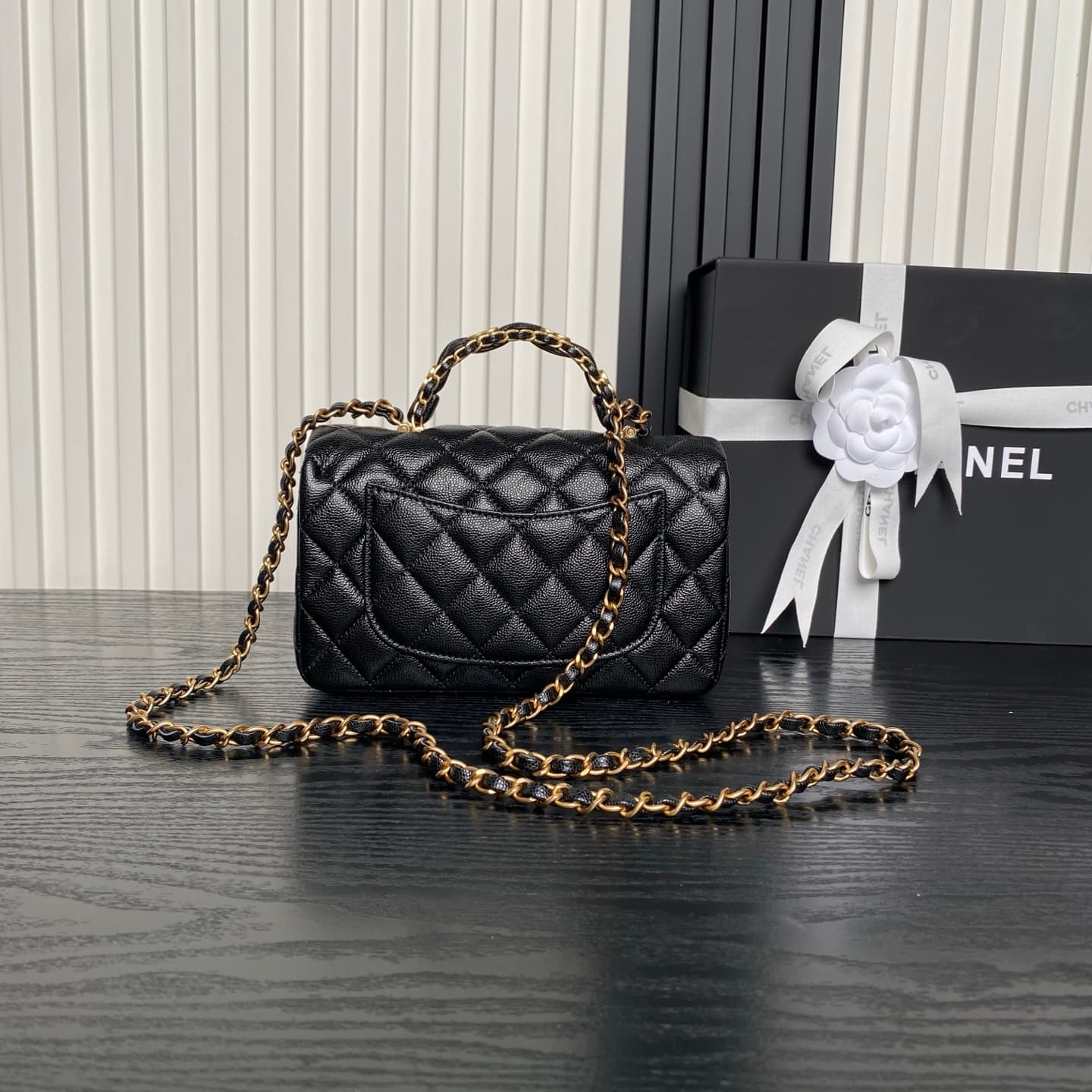Chanel Mini Flap Bag with Top Handle Grained Shiny Calfskin &  Gold-Tone Metal Black AS5702 A