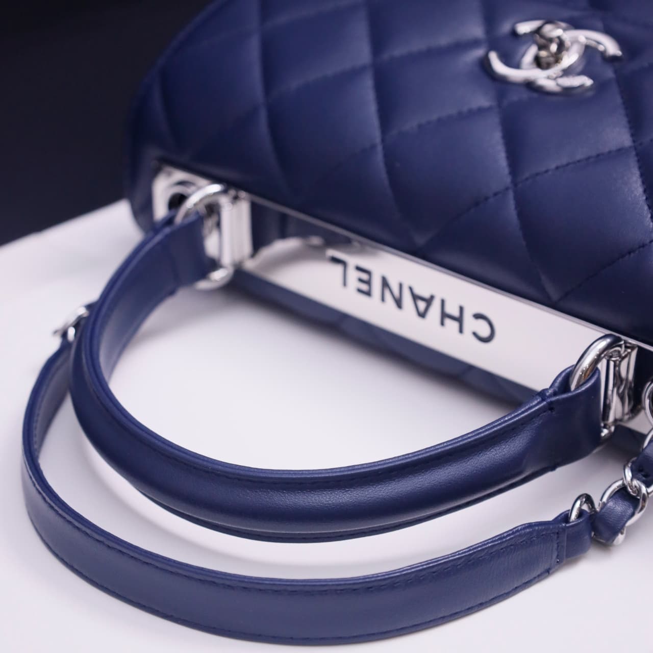 SMALL FLAP BAG WITH TOP HANDLE Lambskin Silver Metal Drak Blue A