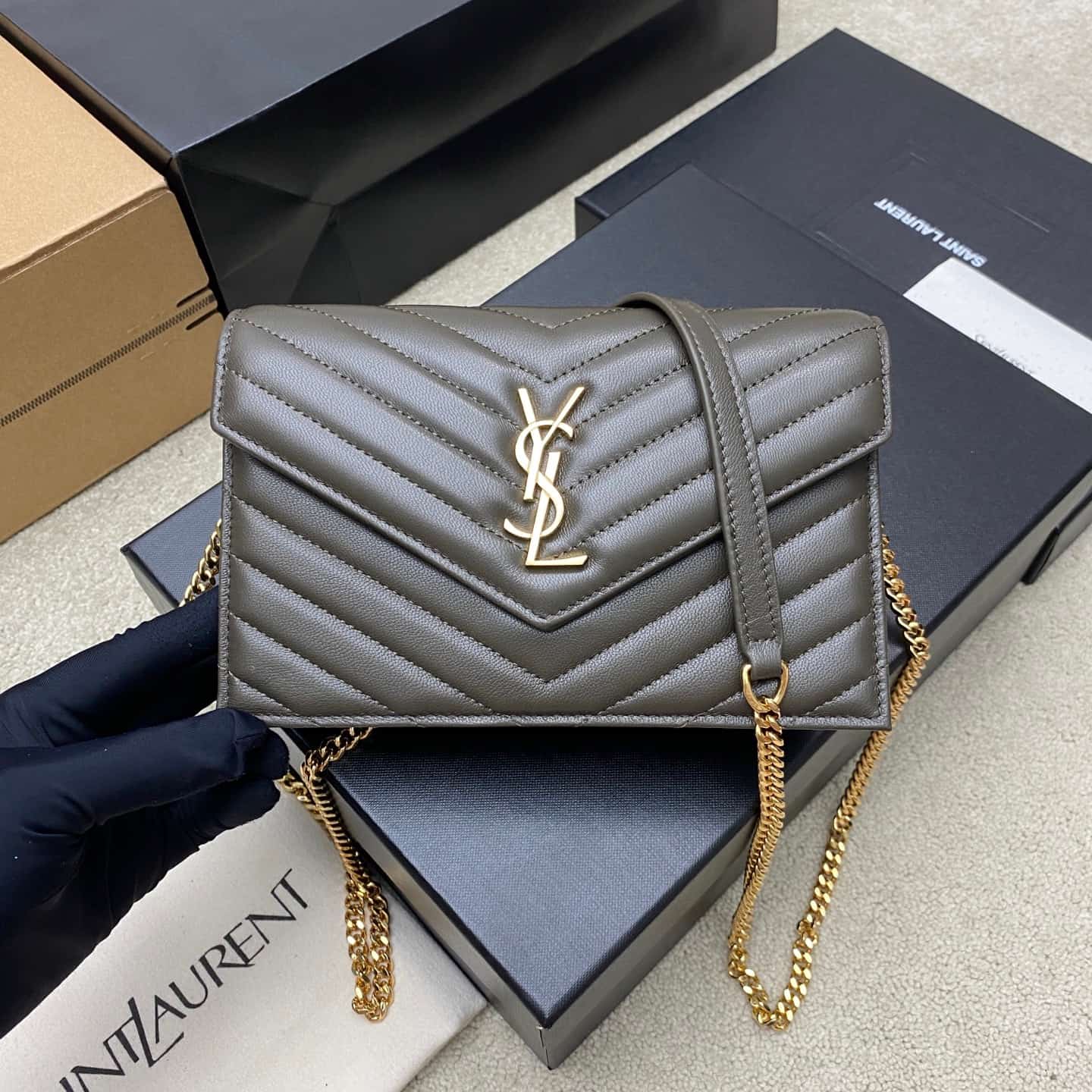 Saint Laurent Monogram Matelassé Cassandre Wallet on Chain Green Lambskin 393953 High