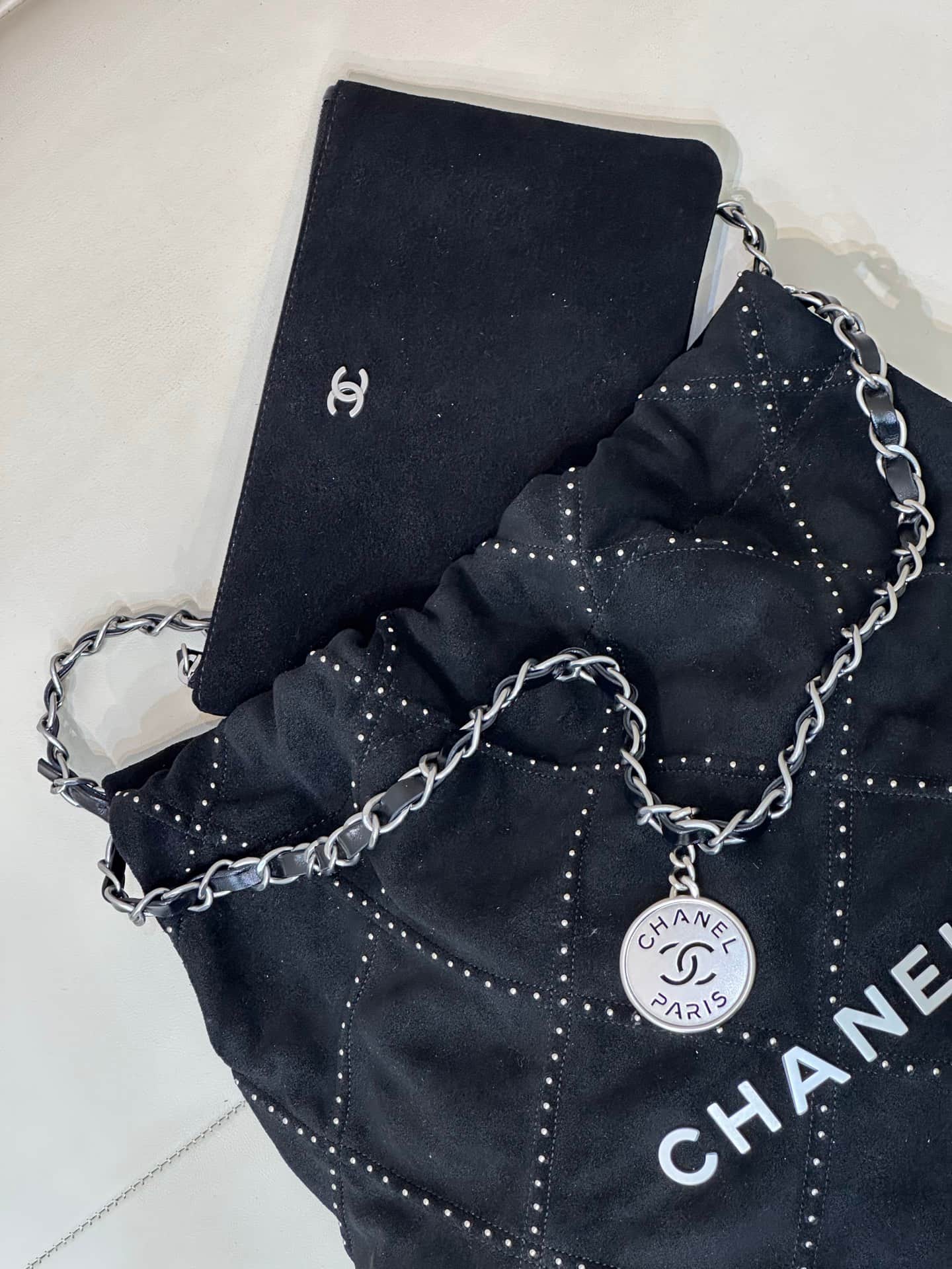 Chanel 22 Small handbag Suede calfskin studs & silver-tone metal AS3260 Black TOP