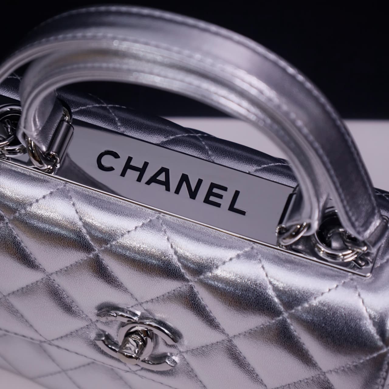 Chanel MINI FLAP BAG WITH TOP HANDLE AS4654 Lambskin & Silver-Tone Metal Silver A