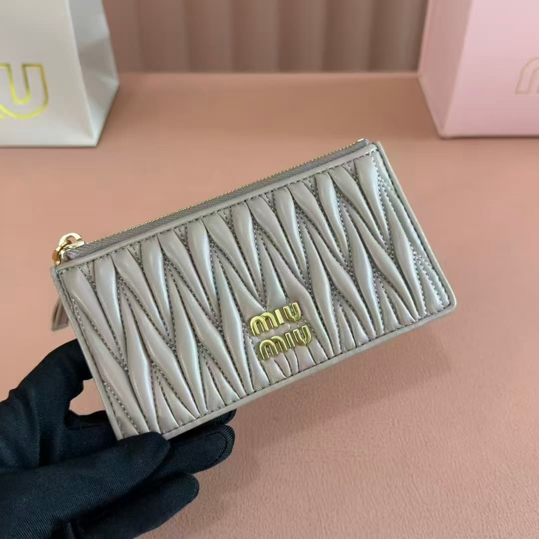 Miu Miu Pearl Gray Matelassé Nappa Leather Card Holder
