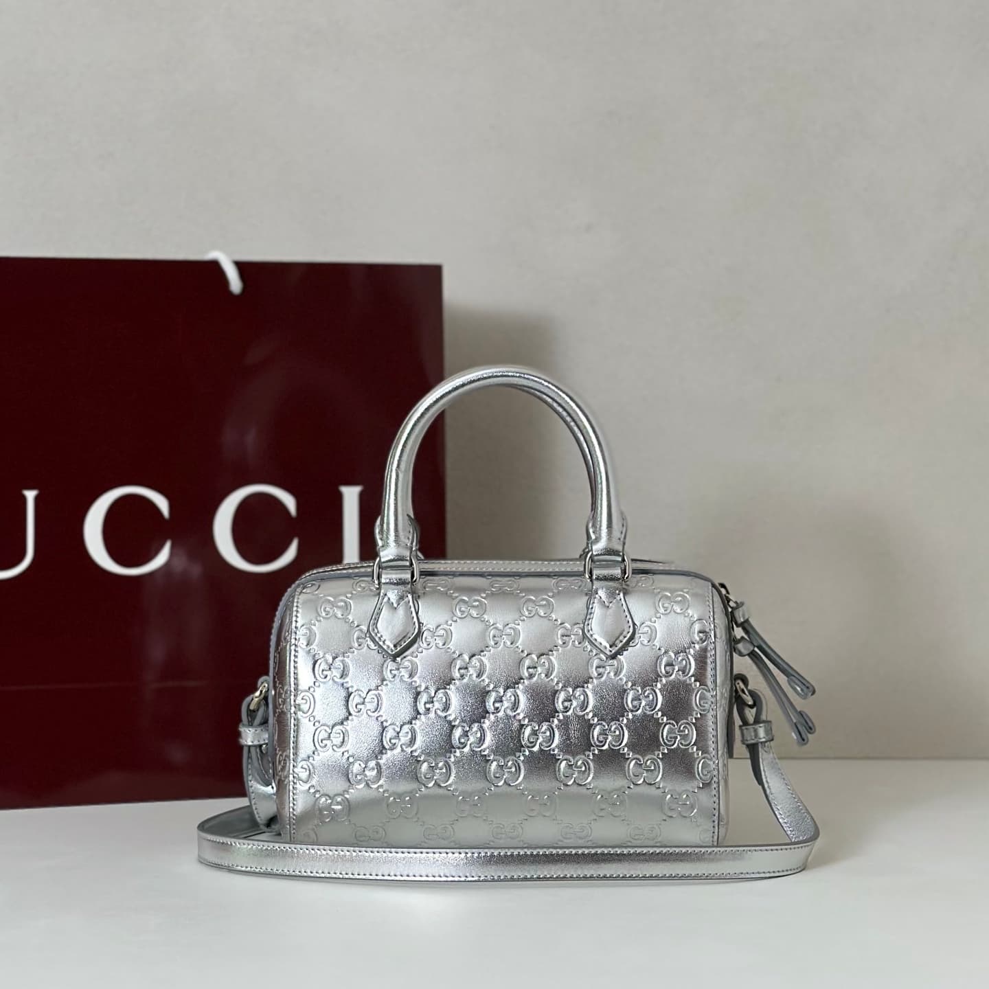 Gucci GG Emblem Small Boston Bag In Silver GG Leather 848889 High