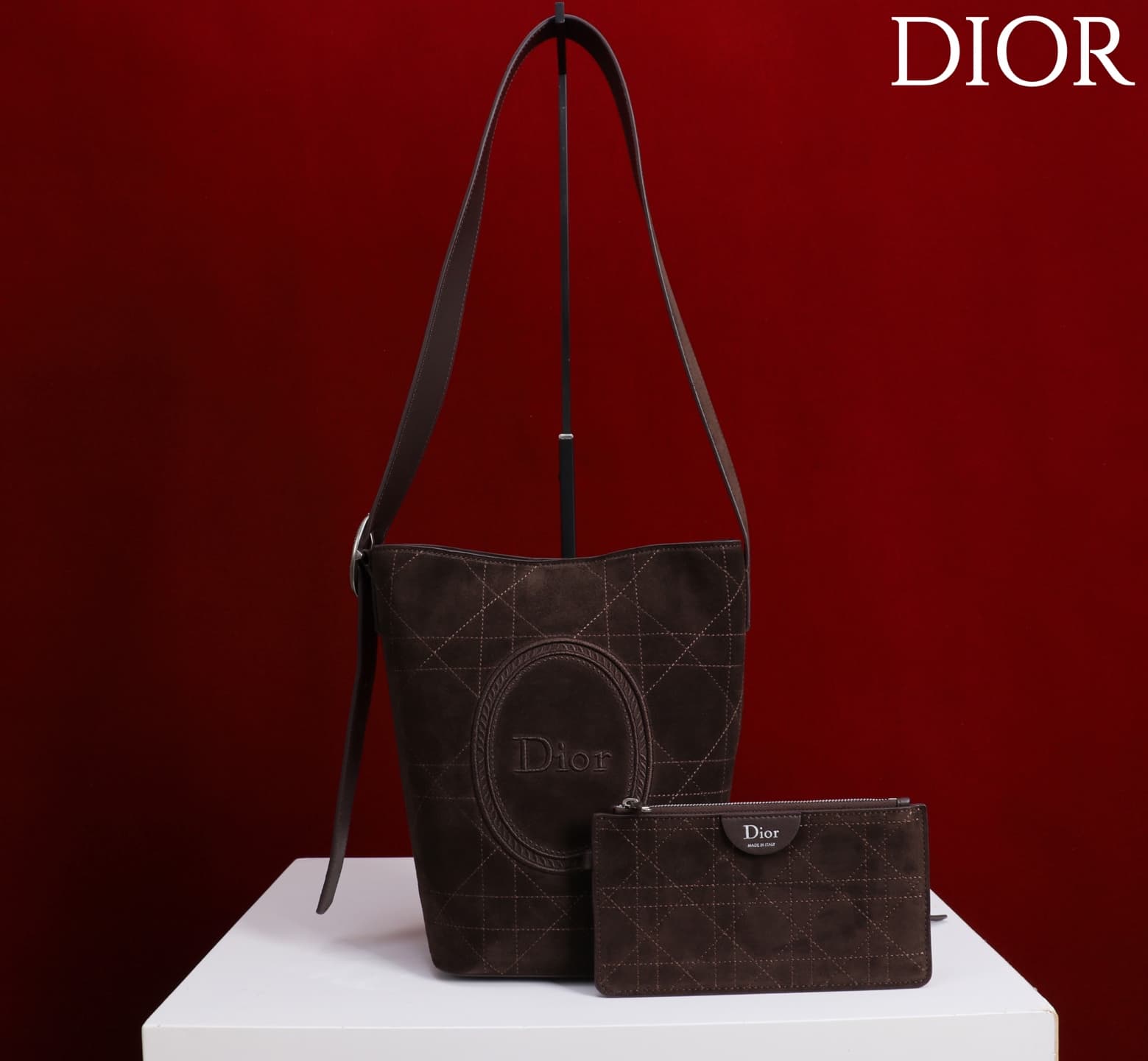 Dior Macrocannage Dark Brown Suede Leather Small Bucket Bag High