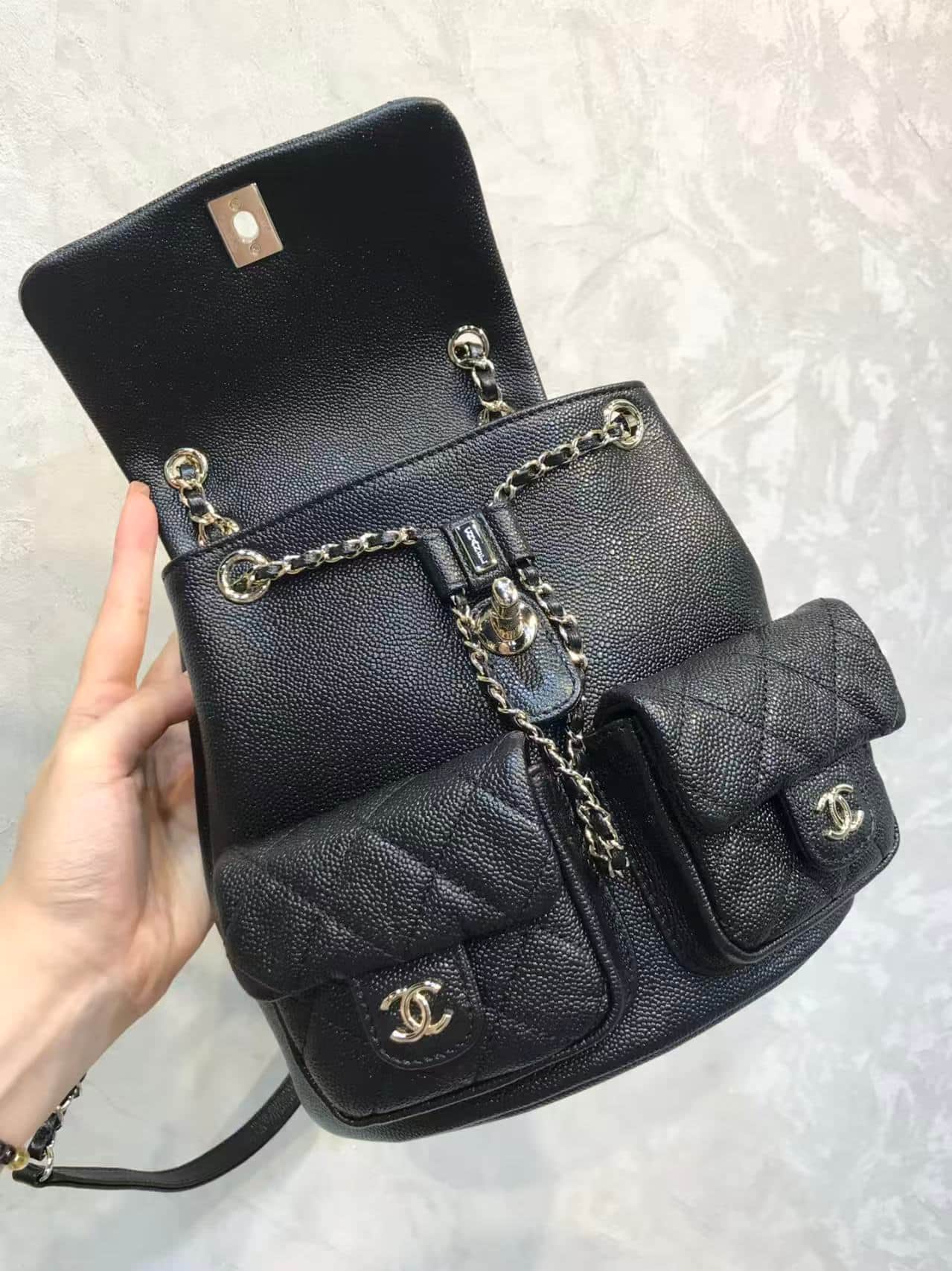 Chanel BACKPACK AS3860 Grained Shiny Calfskin & Gold-Tone Metal Black TOP