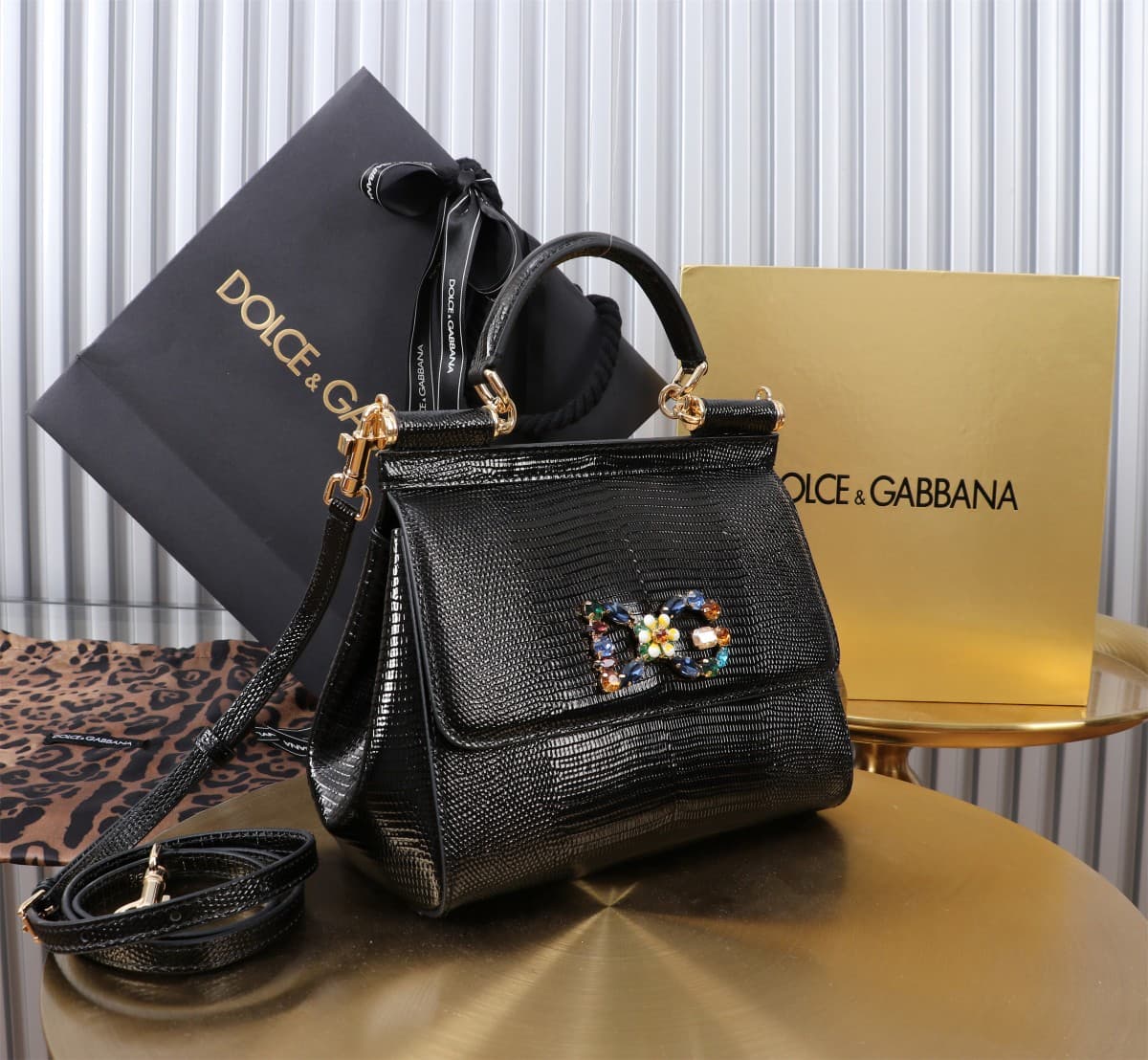 Sicily Handbag 20cm in Iguana Print Calfskin and Crystal DG Logo Patch High