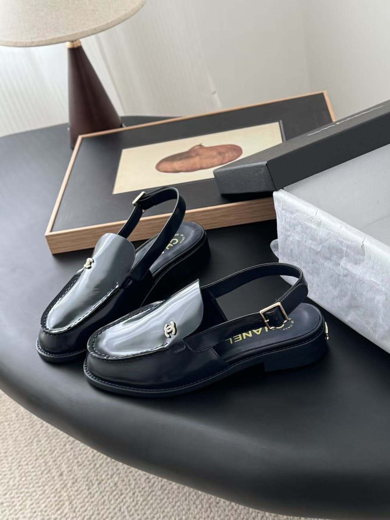 Chanel Diamante Slingback Loafers in Dark Blue Leather