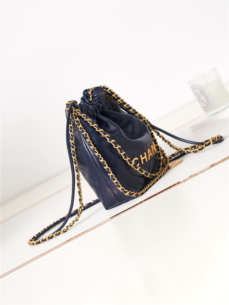 Chanel 22 MINI HANDBAG Shiny Calfskin Navy & Gold-Tone Metal AS3980 A