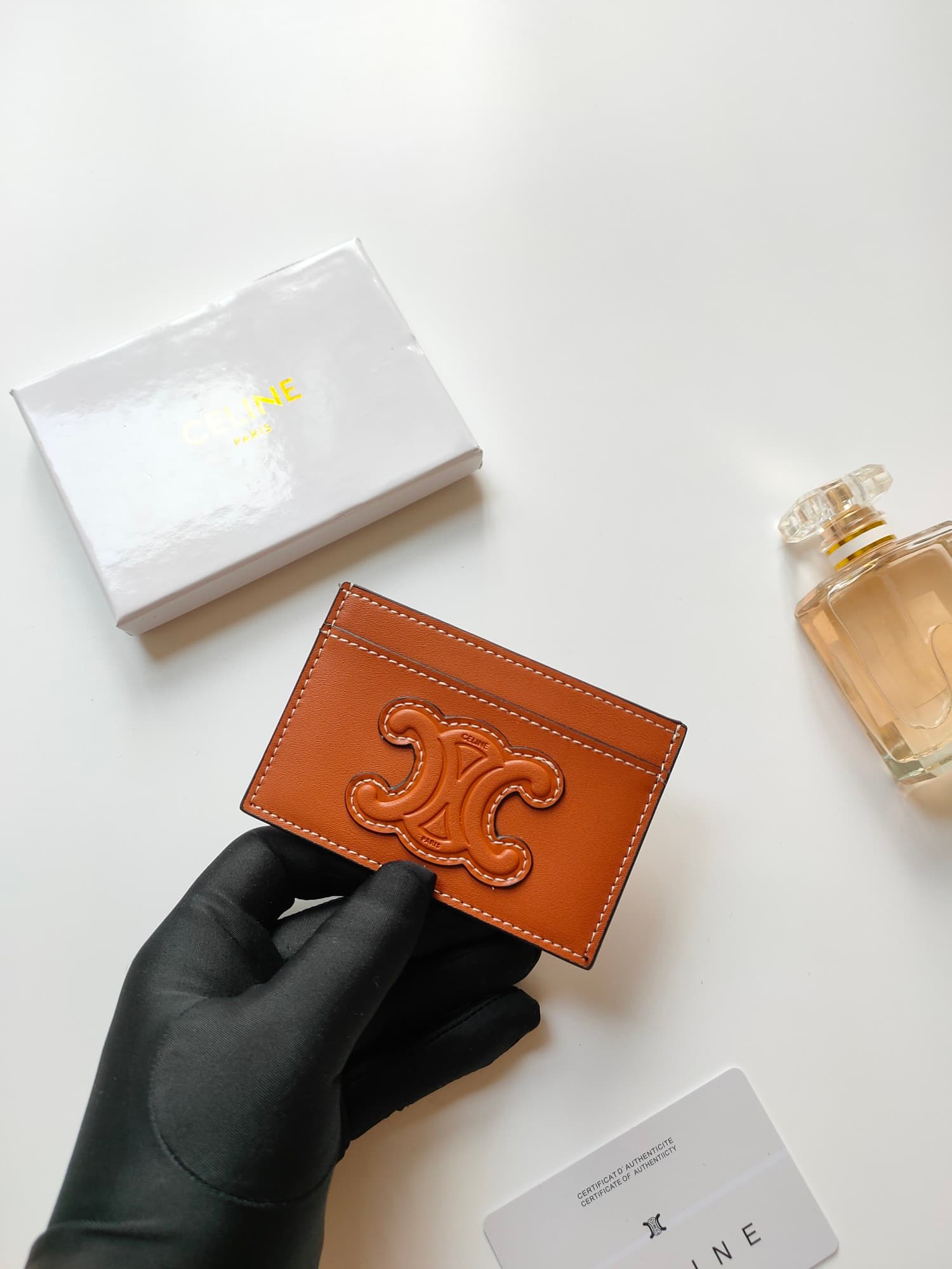Celine Triomphe card holder in brown shiny calfskin leather 10B703 High