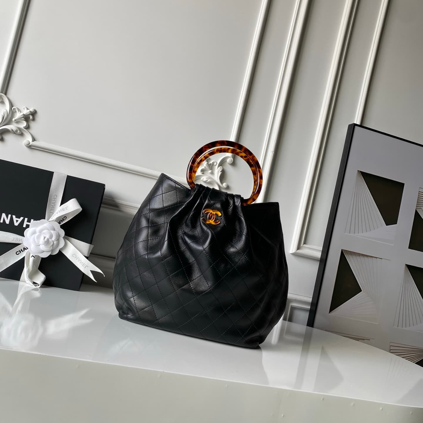 Chanel Medium Hobo Bag Lambskin-Shell Effect Plexi & Gold-Tone Metal Black AS6010 High