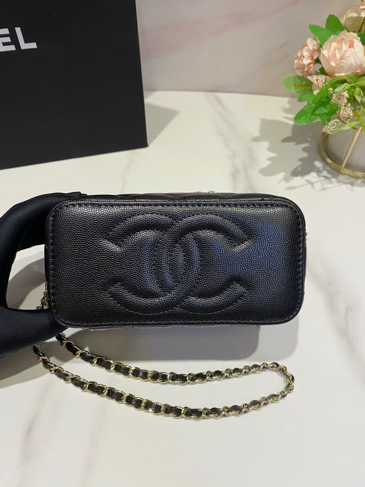 Chanel Vanity with Chain Grained Calfskin Gold Metal Black High