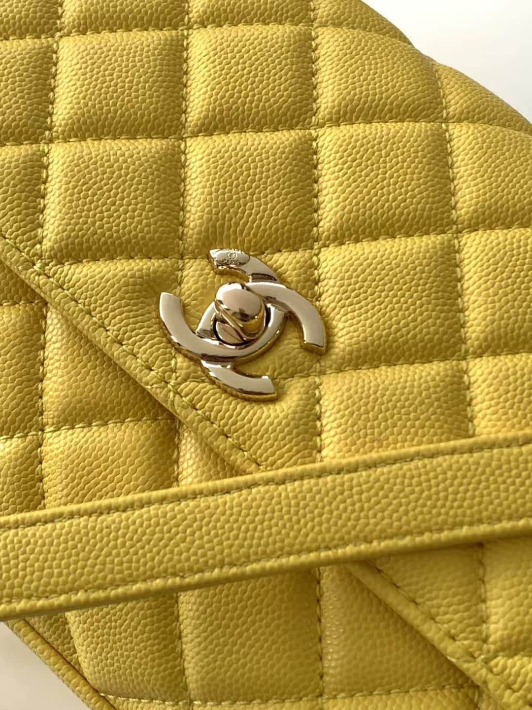 FLAP BAG WITH TOP HANDLE Grained Calfskin & Gold-Tone Metal A92990 Yellow Binding A