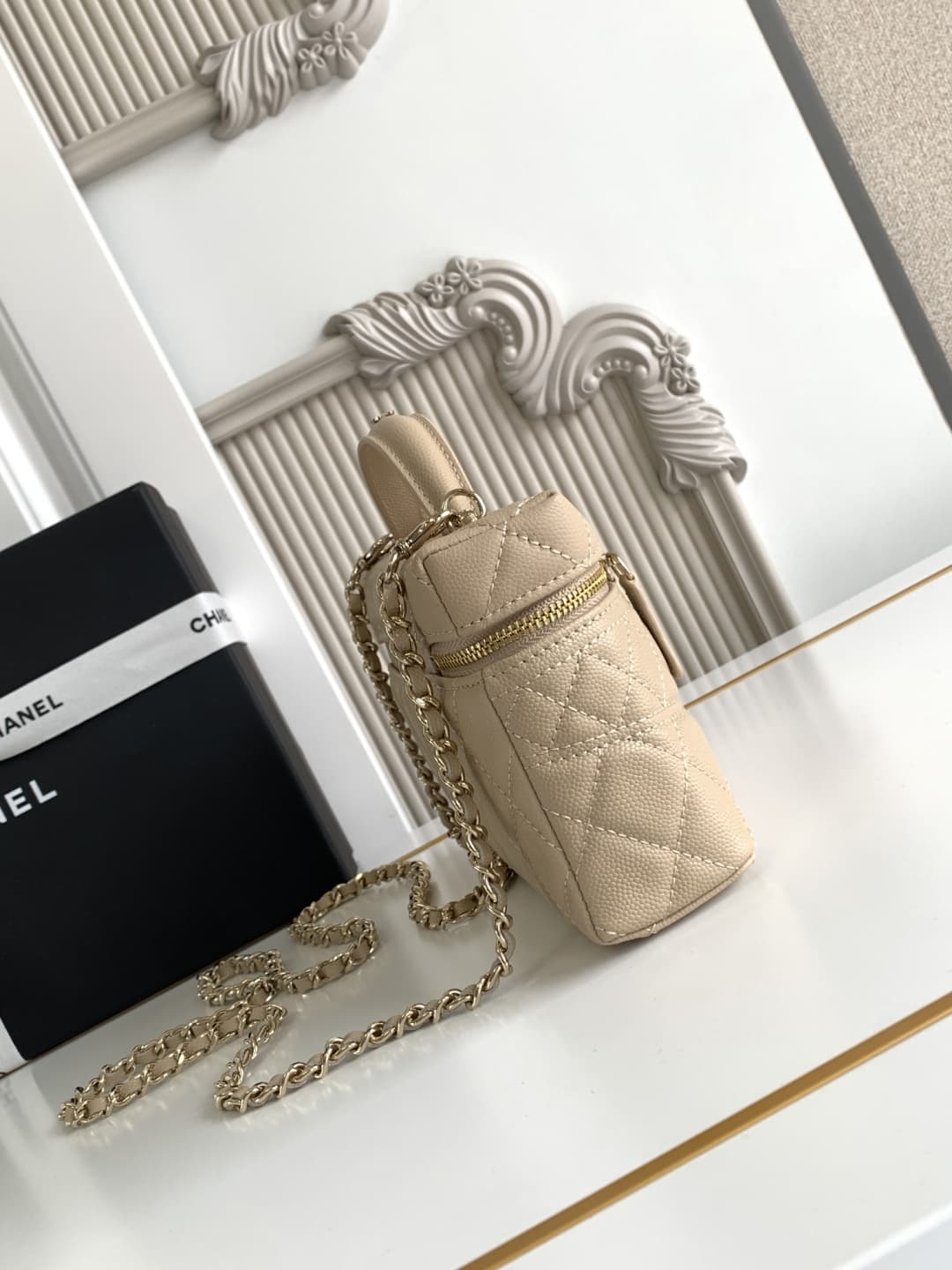 Chanel VANITY WITH CHAIN AP4407 Grained Calfskin & Gold-Tone Metal Champagne High