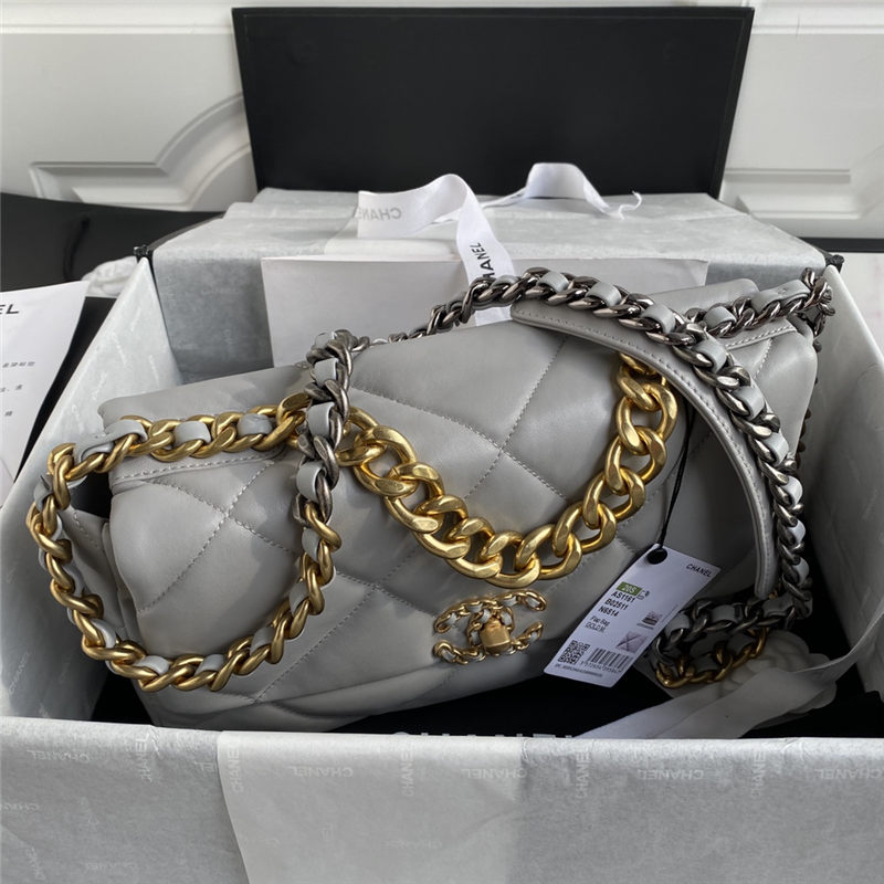 Large Chanel 19 Flap Bag Lambskin Grey High
