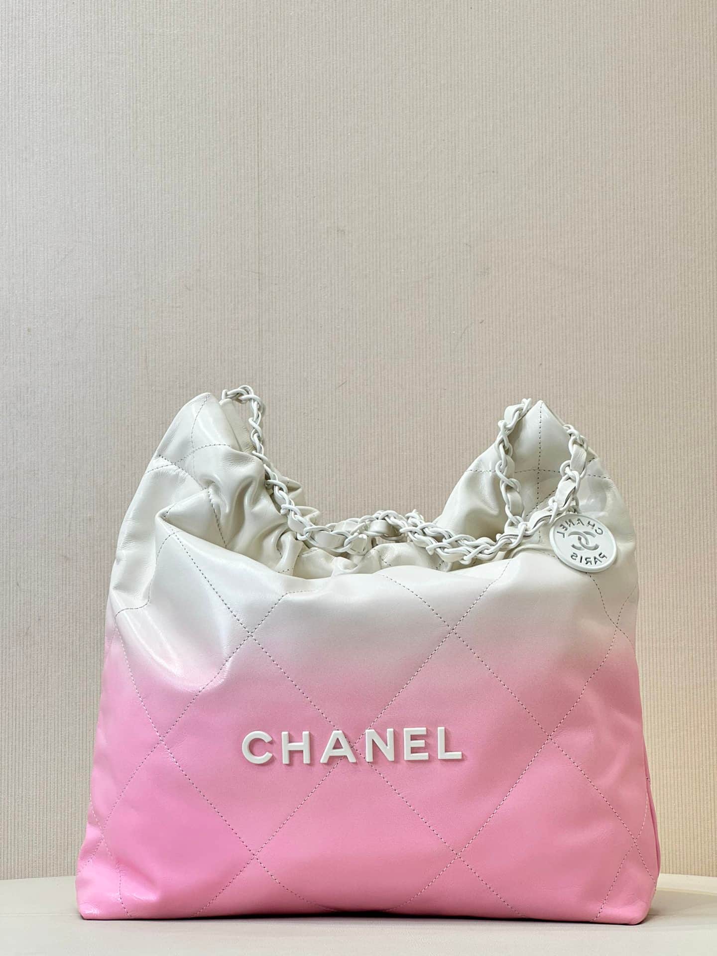 Chanel 22 Small handbag Shiny calfskin & White-tone metal AS3260 White with Pink TOP