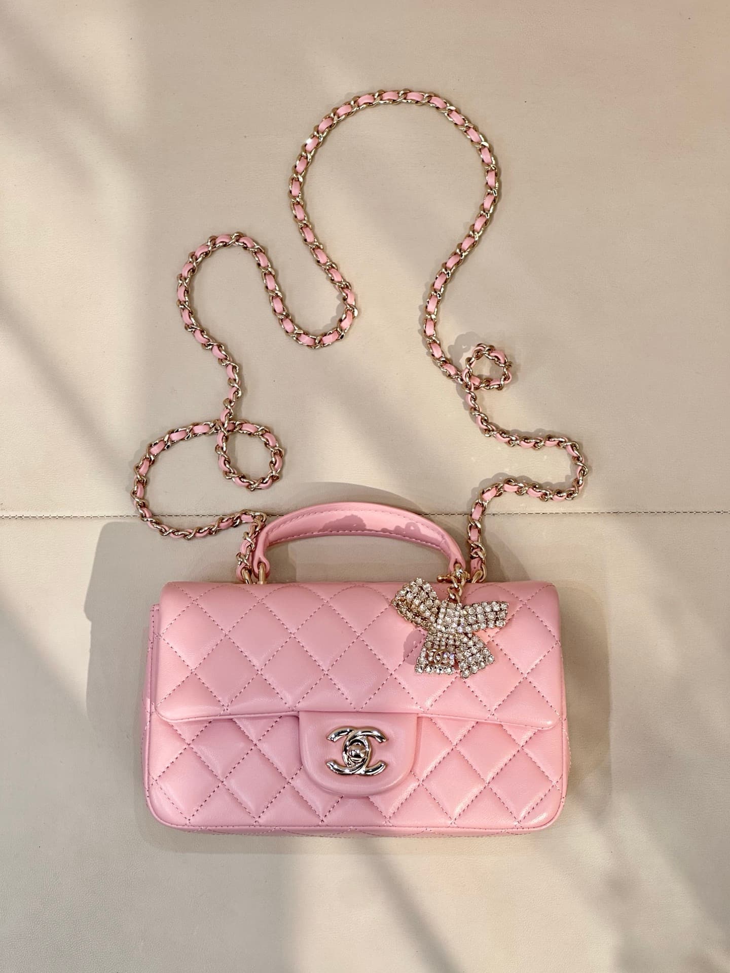 Chanel Mini Classic Handbag Lambskin Strass & Gold-Tone Metal AS2431 pink TOP