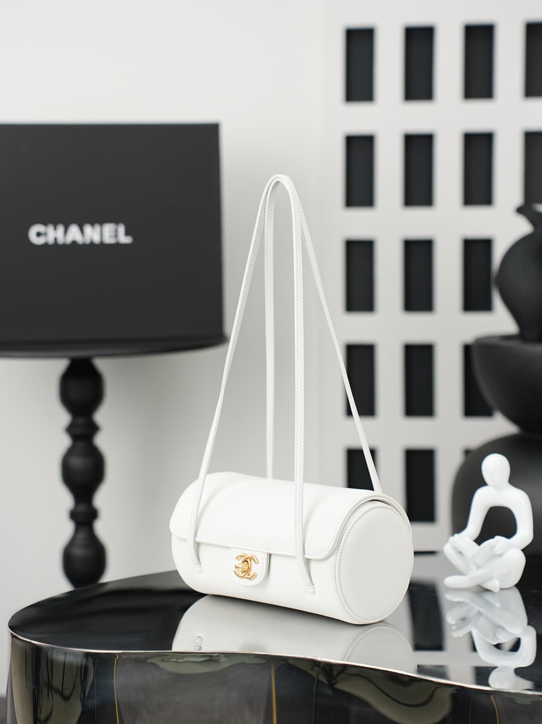 Chanel Small Bowling Bag Grained Shiny Calfskin & Gold-Tone Metal AS6143 Whtie High