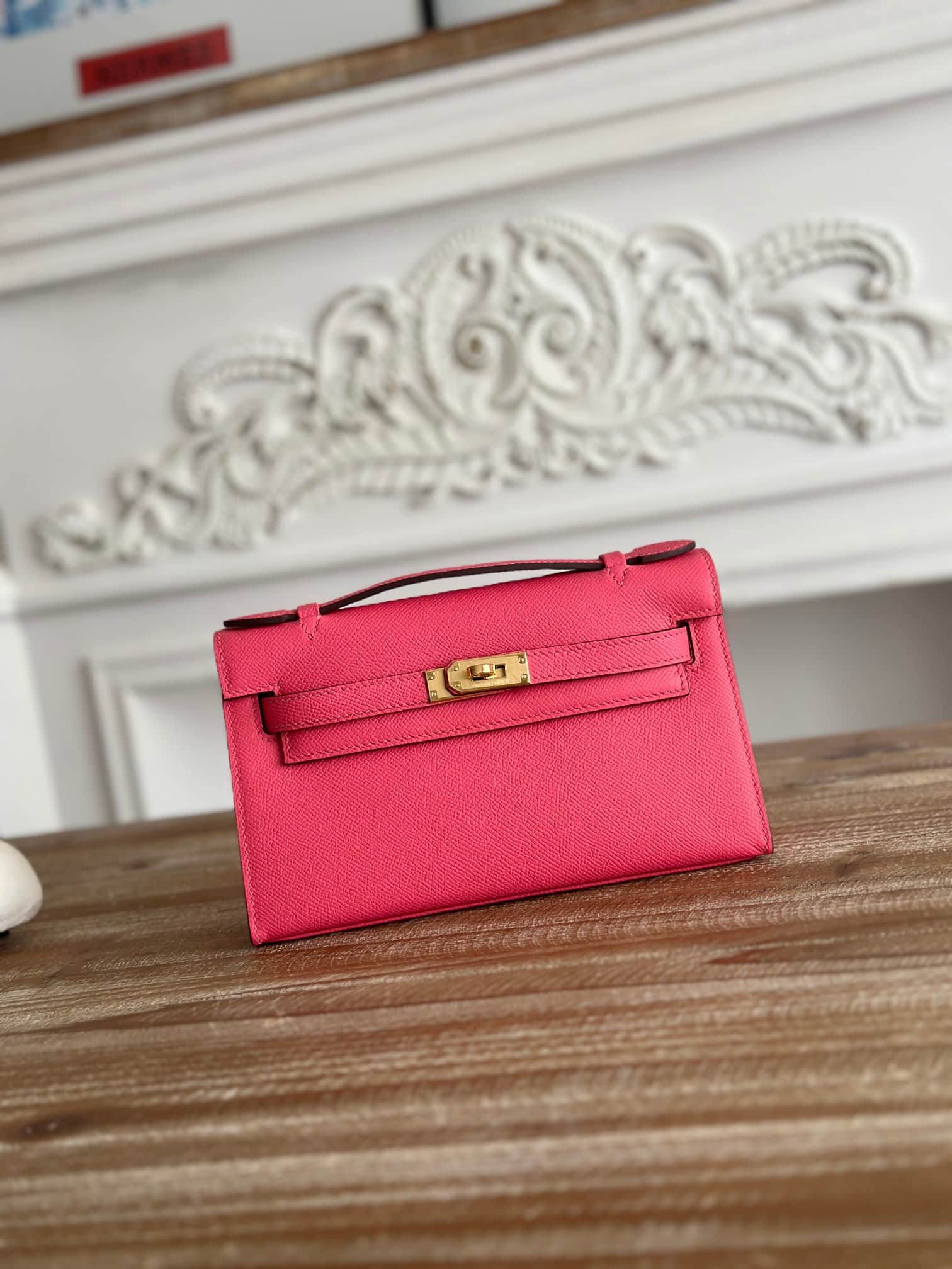 Hermes Kelly Pochette Bag Epsom Leather Silver/Gold Metal Rose eLipstick WAX High