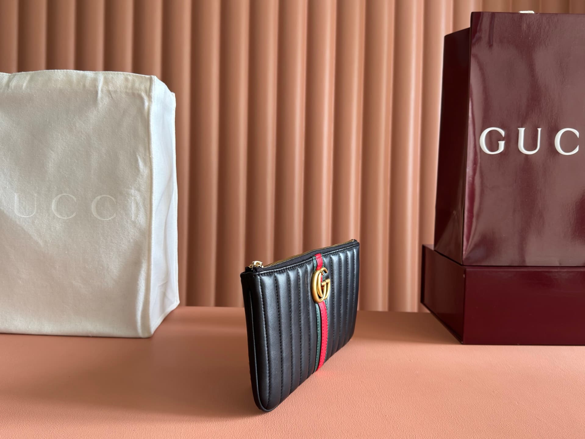 Gucci GG Marmont pouch with strap Black vertical matelassé nappa leather A006X2 High