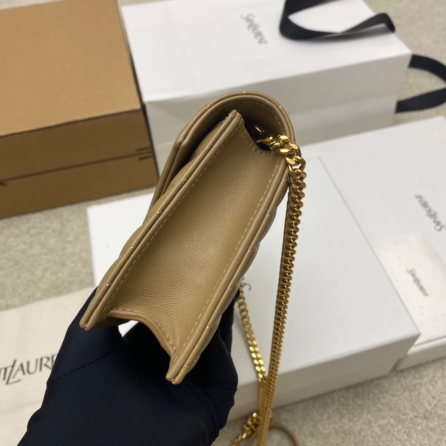Saint Laurent Monogram Matelassé Cassandre Wallet on Chain Milk Tea Apricot Lambskin 393953 High