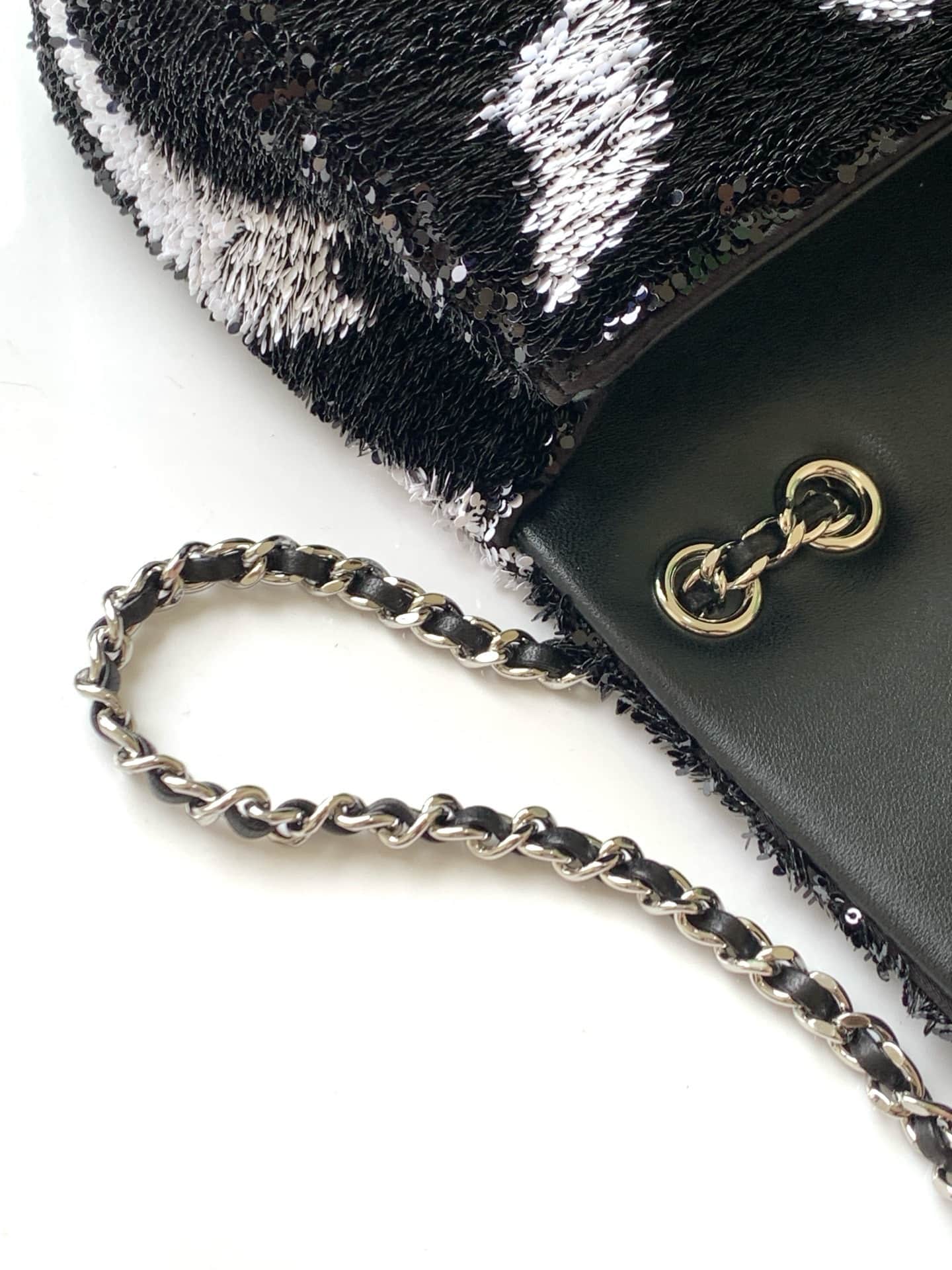 Chanel Classic Mini Flap Bag Sequins Embroidery & Gold-Tone Metal Black White 6171 A