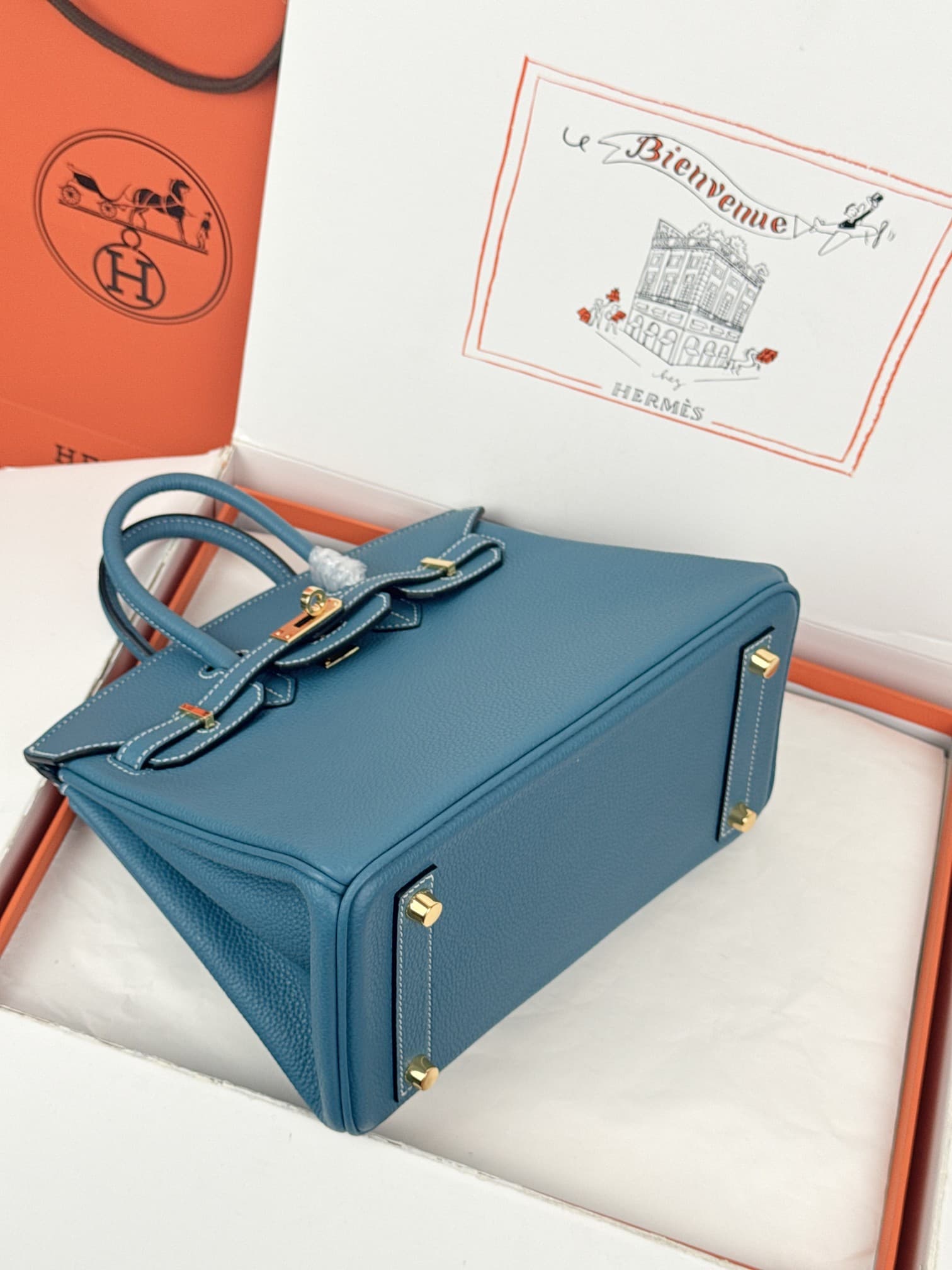Hermes Birkin 25/30 Bag Togo Calfskin Leather Bleu Jean High