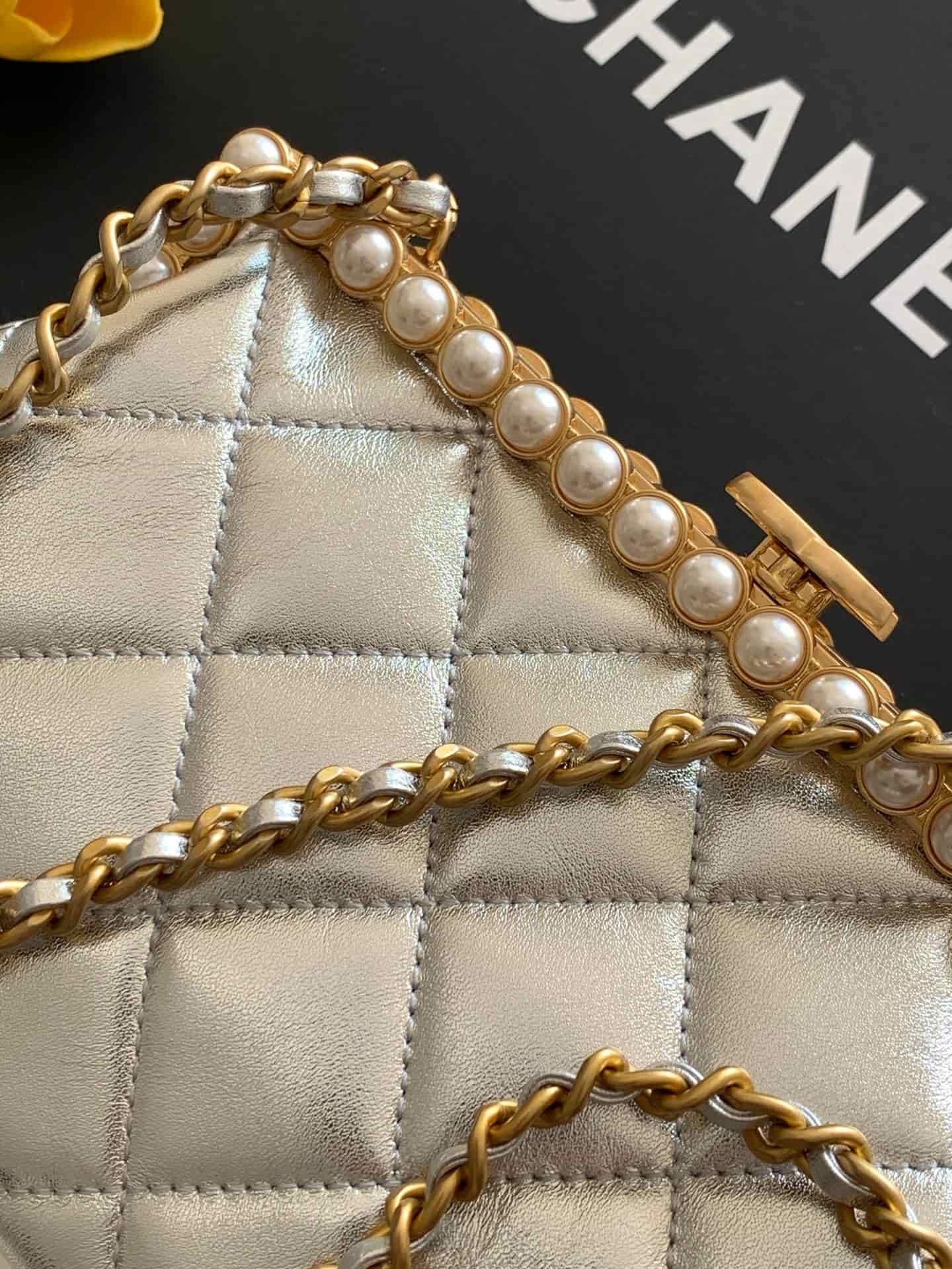 Chanel Pearly Lambskin Imitation Pearls & Gold-Tone Metal Silver AS5912 A