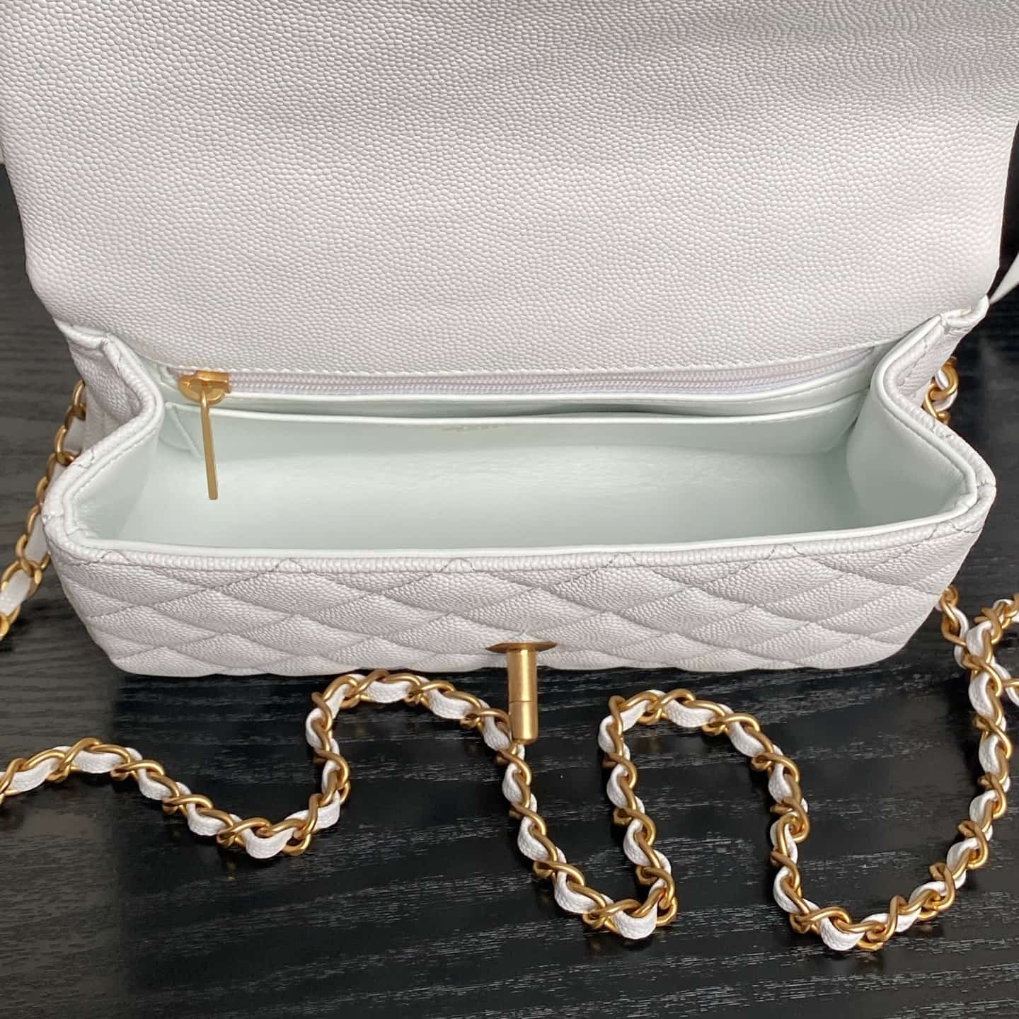 Chanel Mini Flap Bag with Top Handle Grained Shiny Calfskin & Gold-Tone Metal White AS5701 A