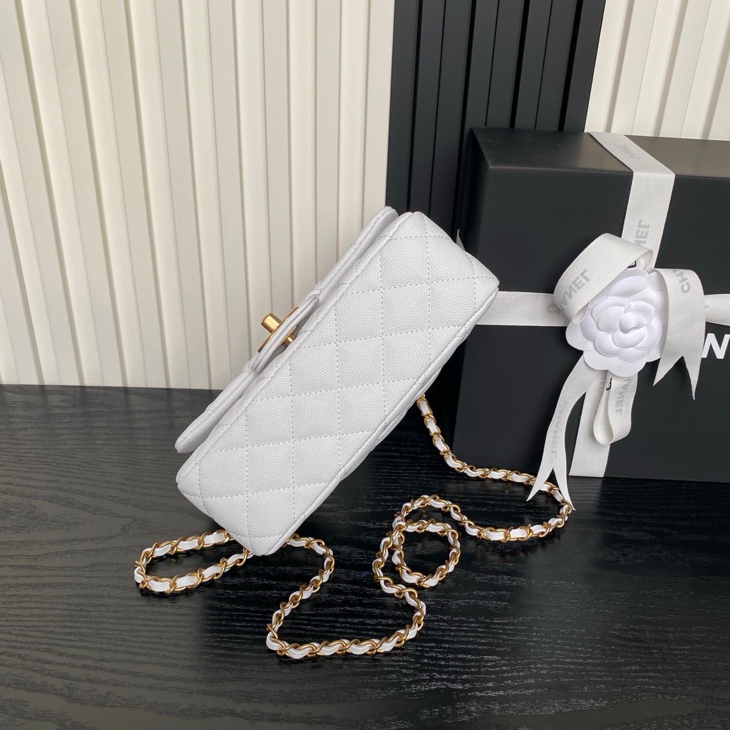 Chanel Mini Flap Bag with Top Handle Grained Shiny Calfskin & Gold-Tone Metal White AS5701 A