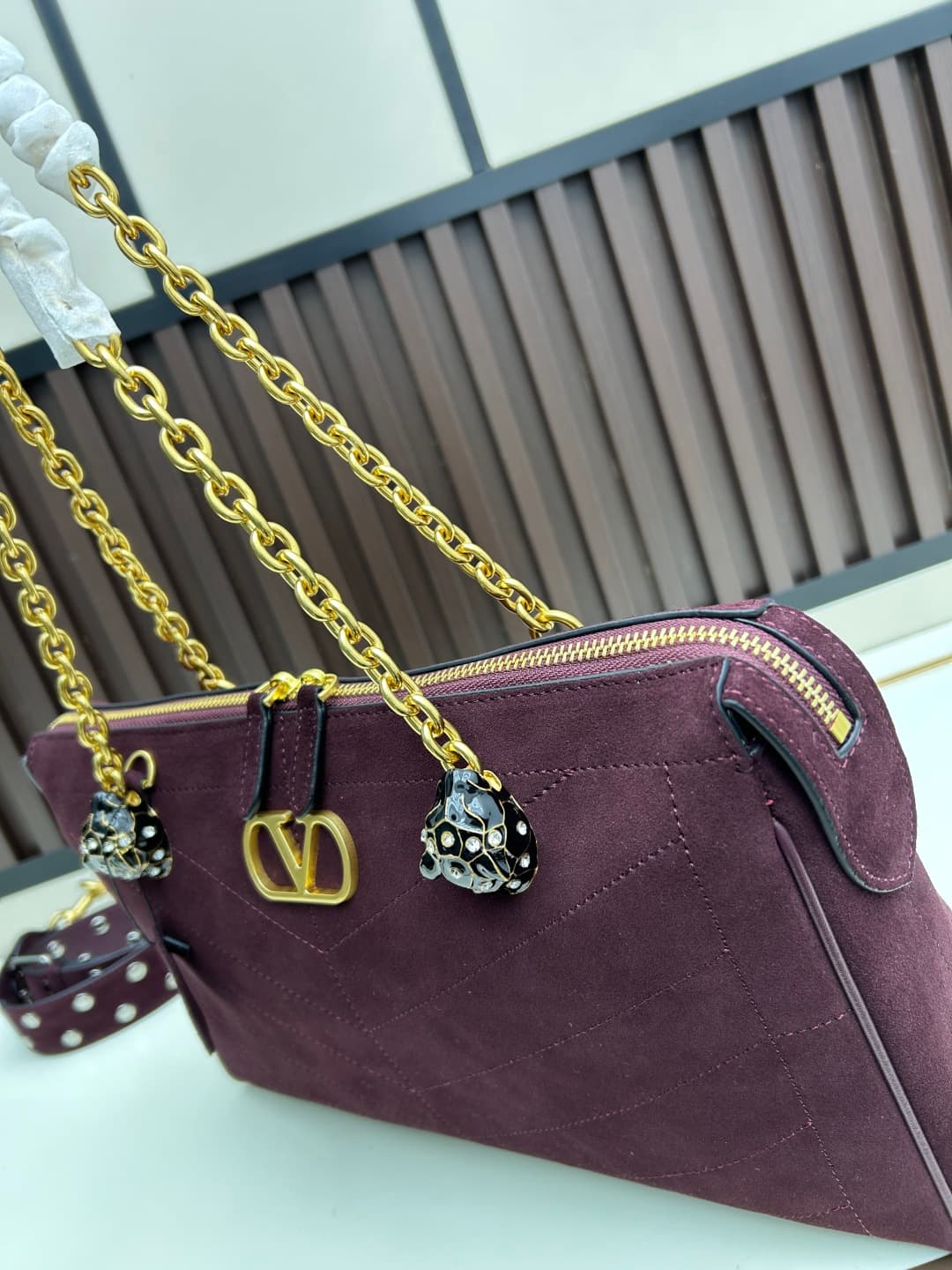 Valentino VLogo Garavani Panthea Shoulder Bag Burgundy Suede Mid