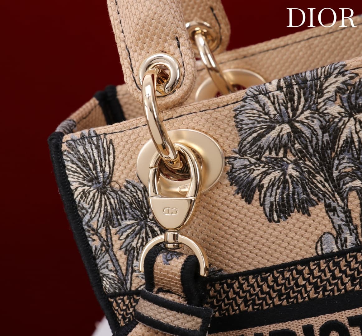 Medium Lady D-Lite Bag Beige and Black Toile de Jouy Palms Embroidery High