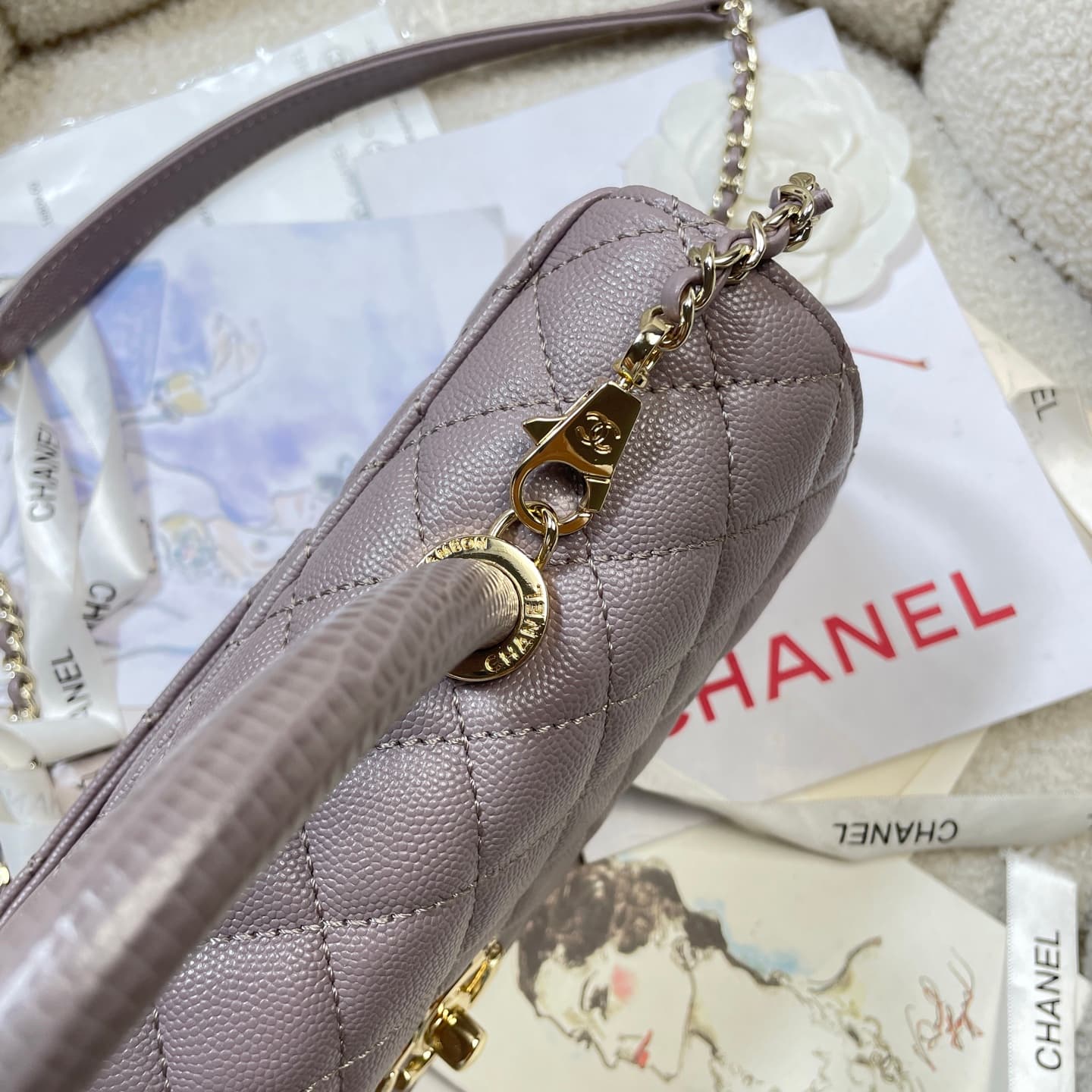 Chanel Maxi Flap Bag with Top Handle Grained Calfskin& Gold-Tone Metal AS6091 Grey A