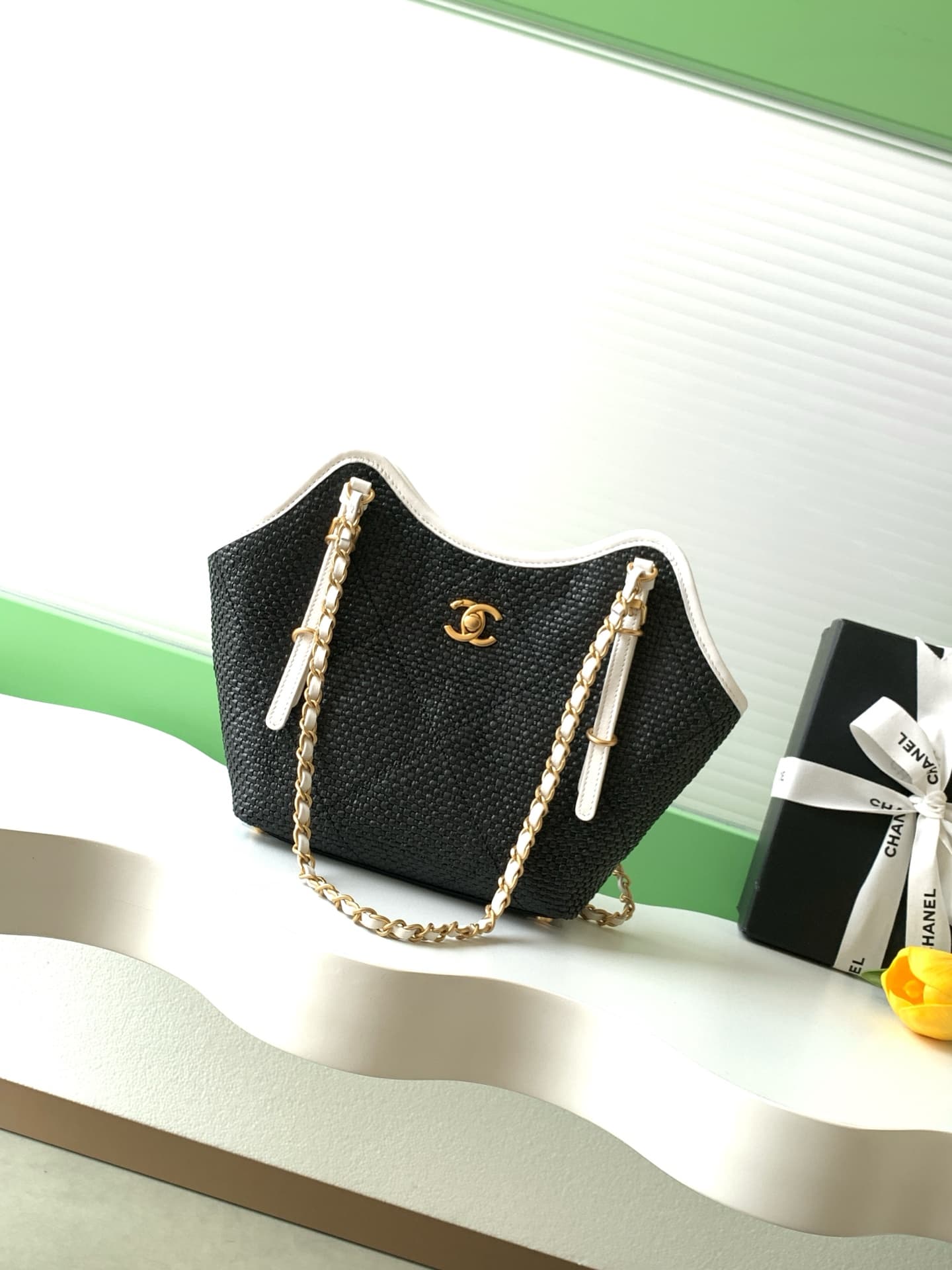 Chanel Shopping Bag Braided Raffia Calfskin & Gold-Tone Metal Black & White AS6015 A
