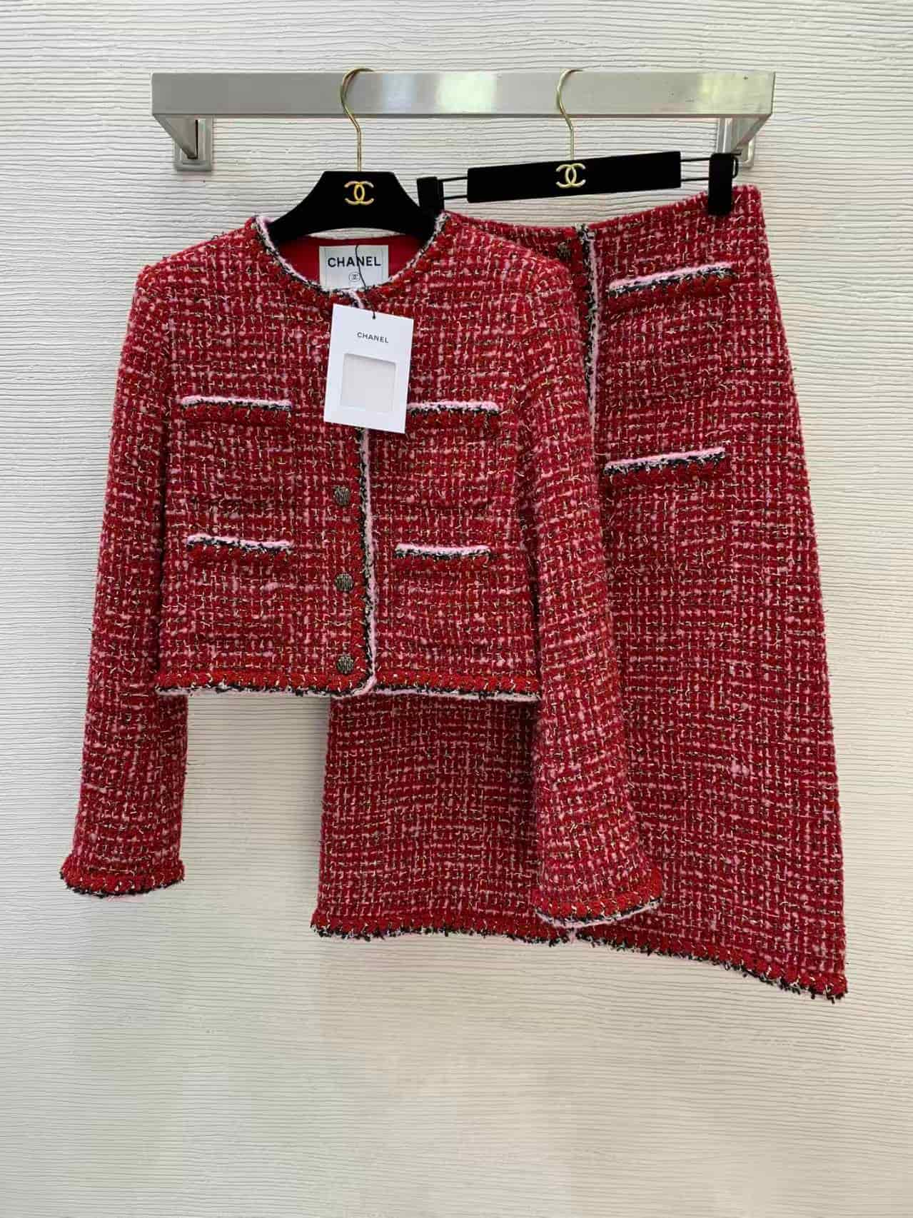 Chanel Red Pink &Black Tweed Jacket and Skirt Set