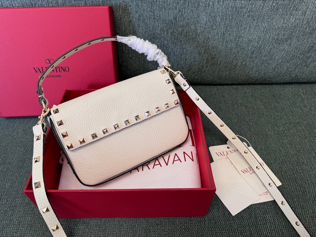 Valentino Garavani Mini Rockstud Grainy Leather Crossbody Bag in White High