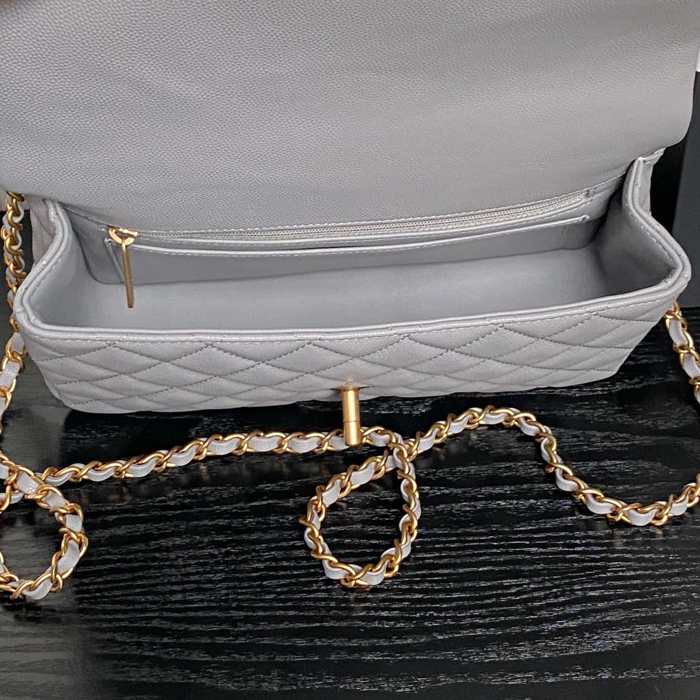 Chanel Small Flap Bag with Top Handle Grained Shiny Calfskin &  Gold-Tone Metal Grey AS5702 A