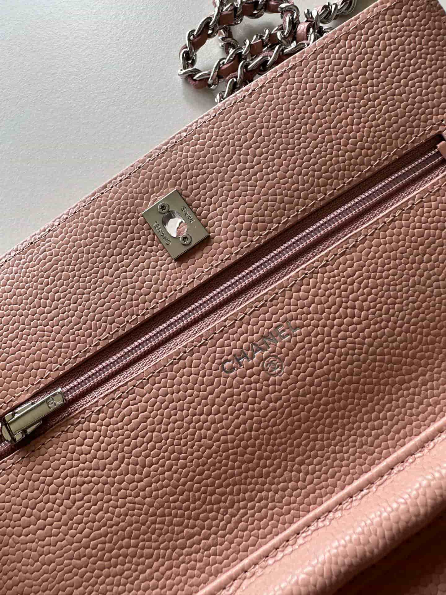 Chanel Classic Wallet on Chain Grained Shiny Calfskin & Silver-Tone Metal AP4241 Light Pink High