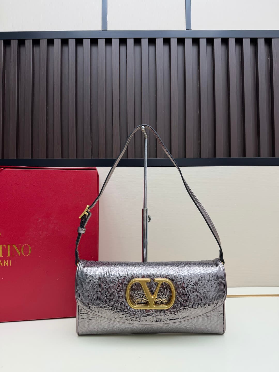 Valentino Garavani Devain Small Nappa Sequins Shoulder Bag Dark Silver High