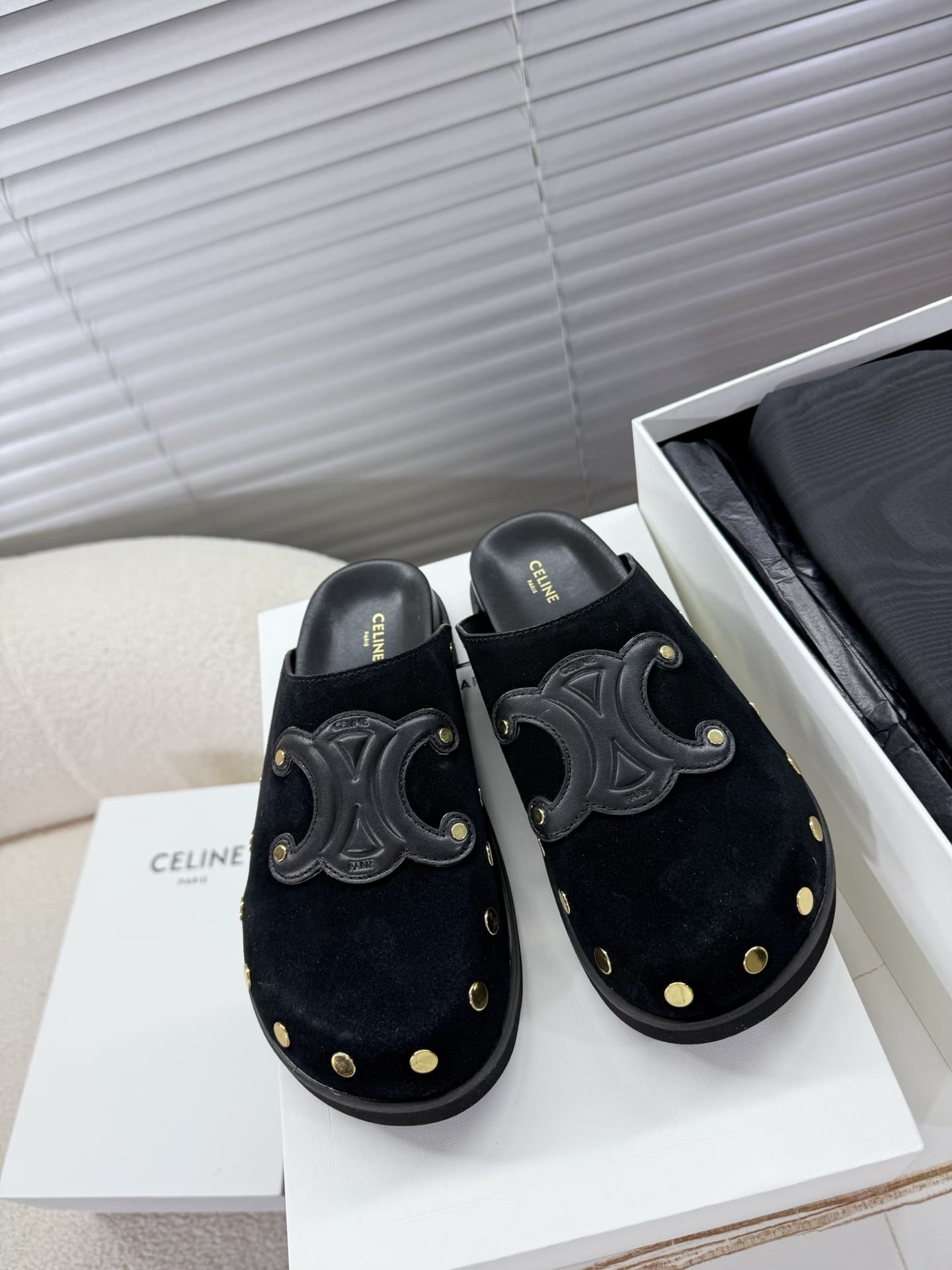 Celine Suede Studded Accents Slides Shoes Women