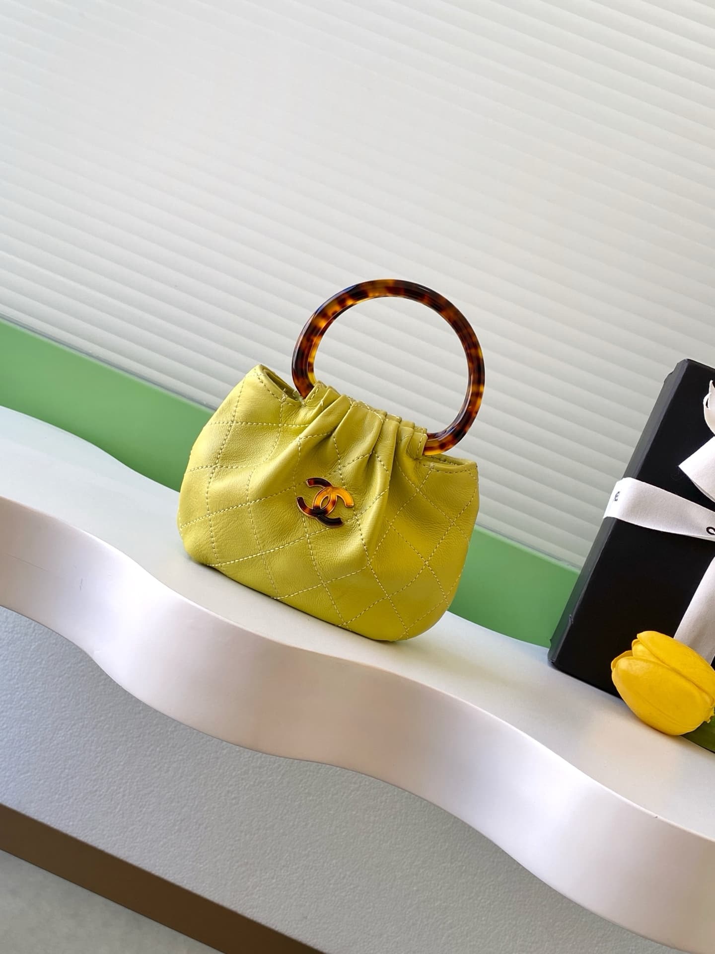 Chanel Mini Hobo Bag Lambskin-Shell Effect Plexi & Gold-Tone Metal Yellow AS4981 High