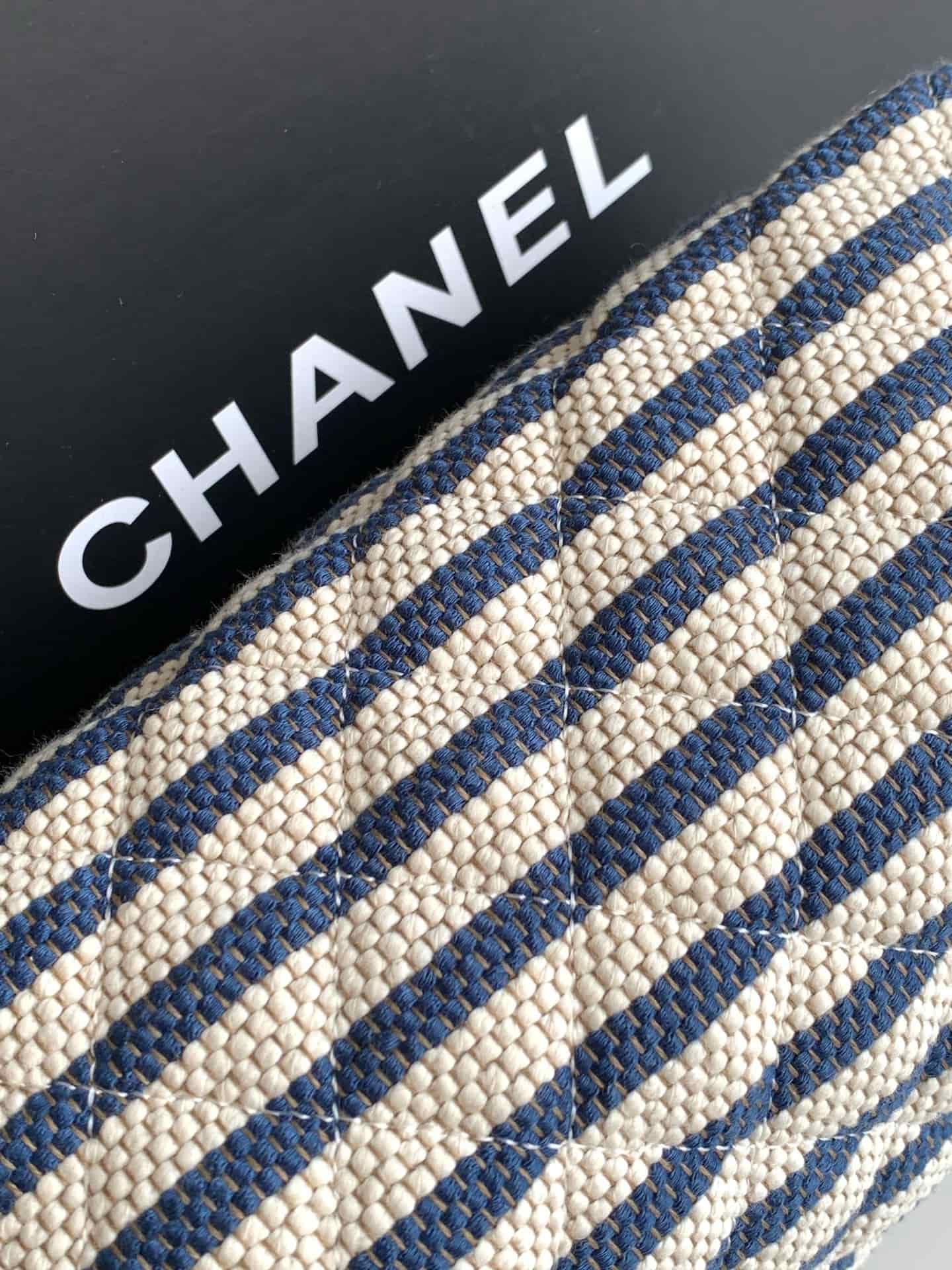 CHANEL Stripe Cosmetic Pouch Bag Printed fabric & Gold-Tone Metal Beige & Light Blue AP4990 A