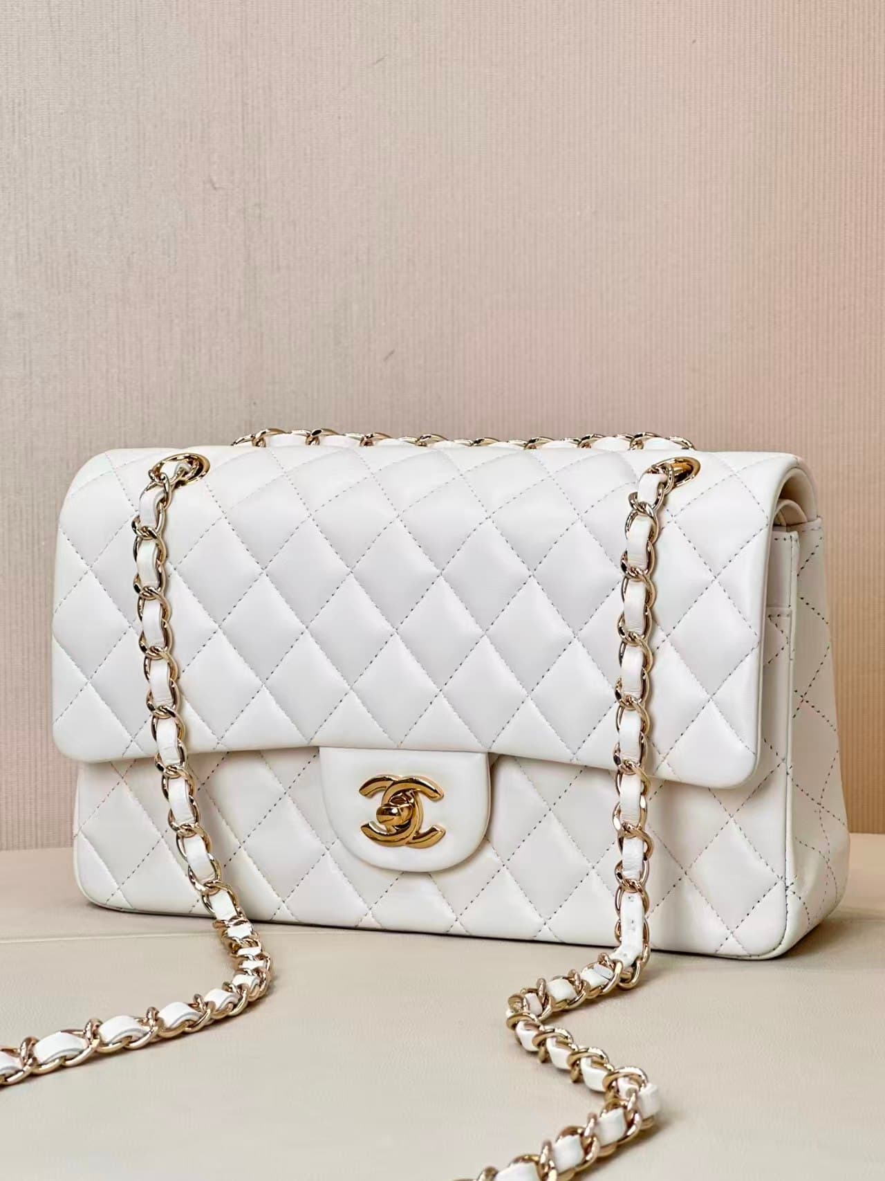 Chanel Medium CLASSIC HANDBAG Lambskin Gold-Tone Metal White TOP