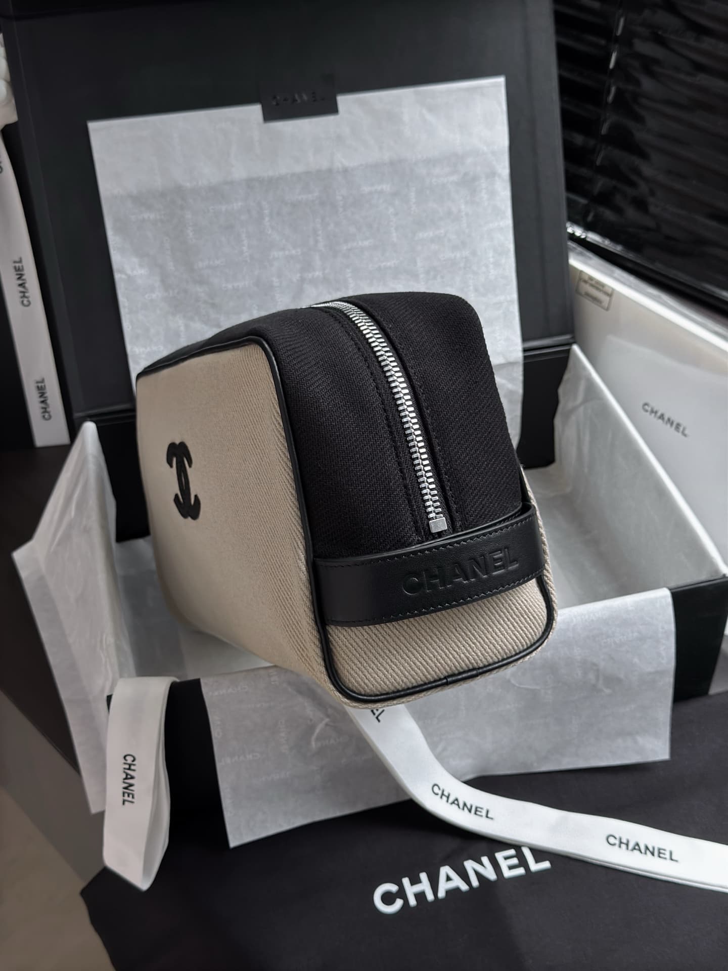 Chanel Large Zipped Pouch Canvas Calfskin & Silver-Tone Metal AP5267 Beige A
