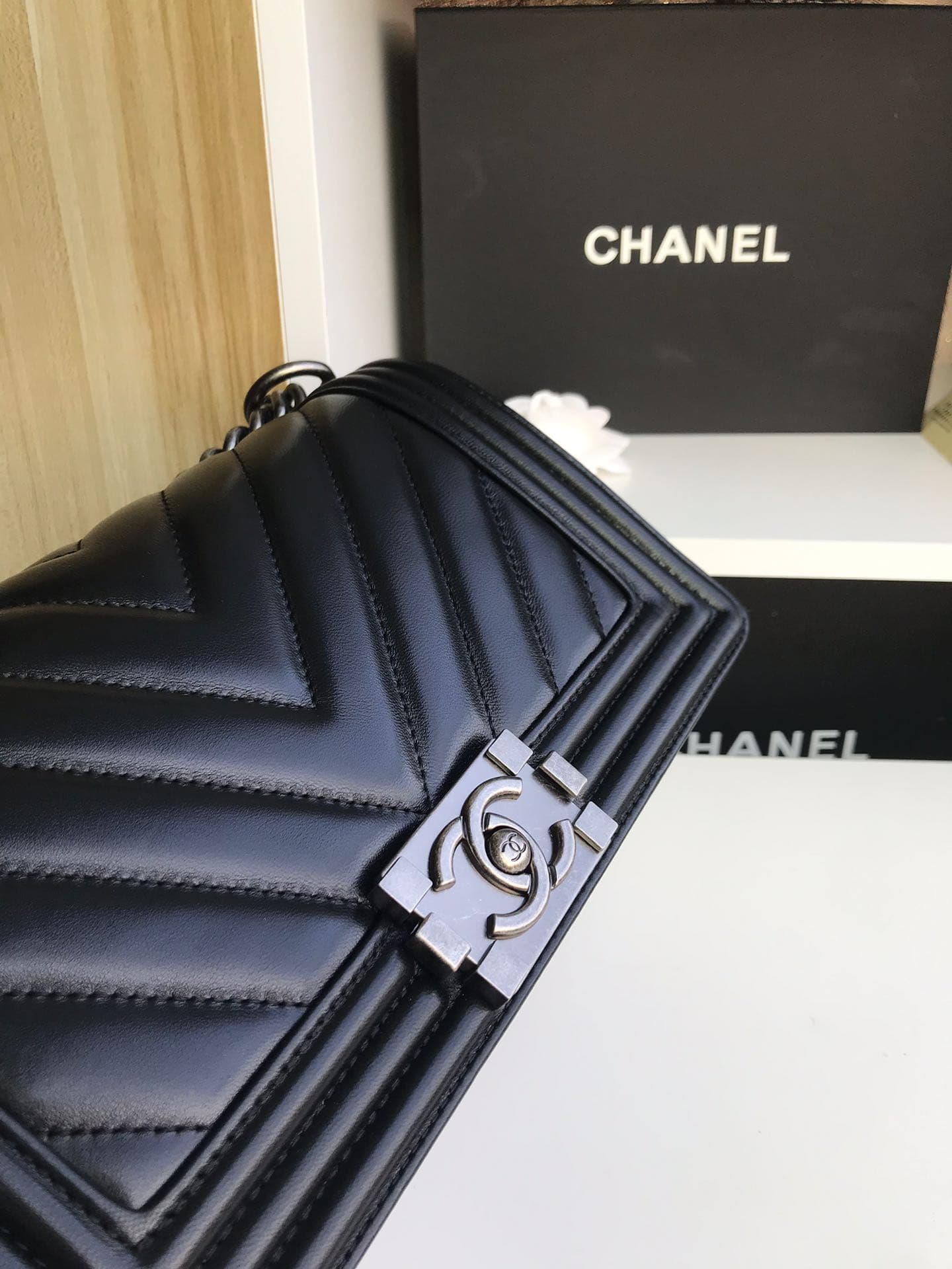BOY Chanel HANDBAG Chevrons Pattern Lambskin Silver Metal Black High