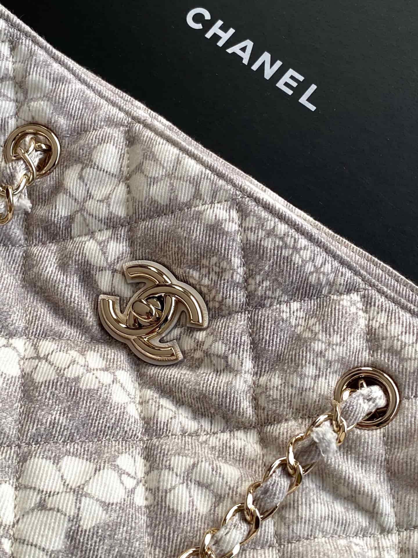 Chanel Beach Hobo Handbag Printed Cotton & Gold-Tone Metal AS5429 White and Grey A