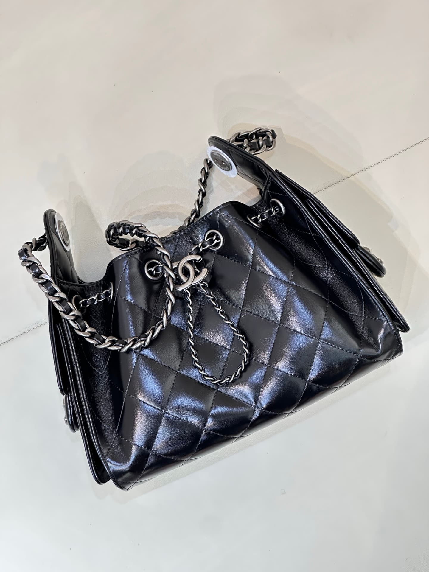 CHANEL 25 Mini Handbag AS5631 Shiny Calfskin & Silver-tone Metal Black TOP