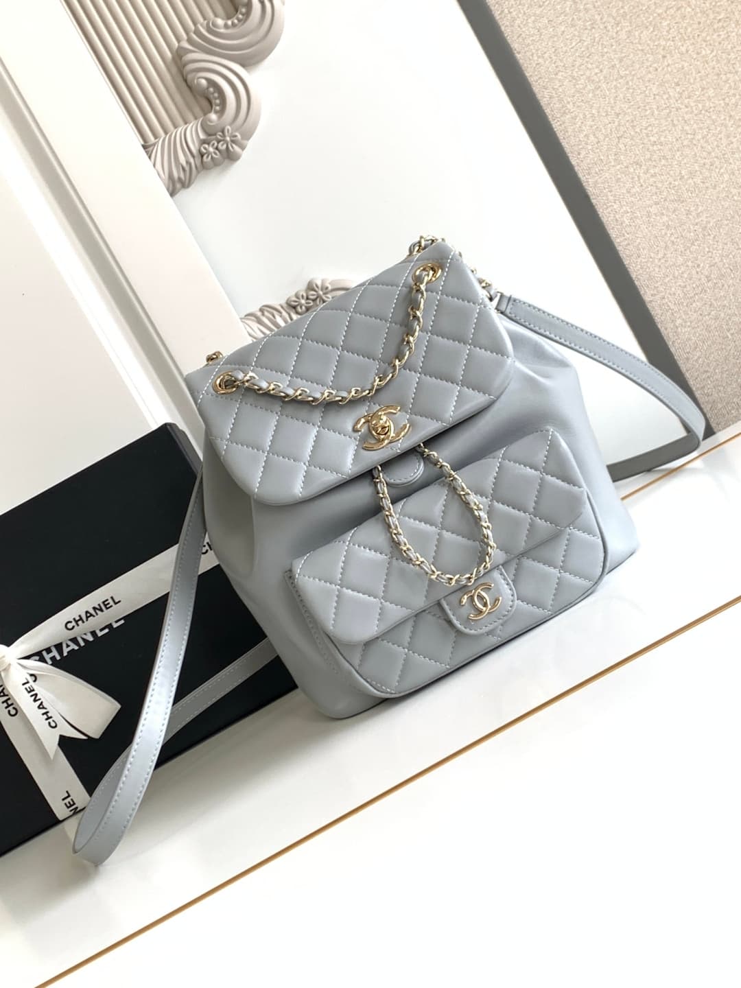Chanel Medium Quilted Duma Backpack Lambskin AS3618 Light Grey A