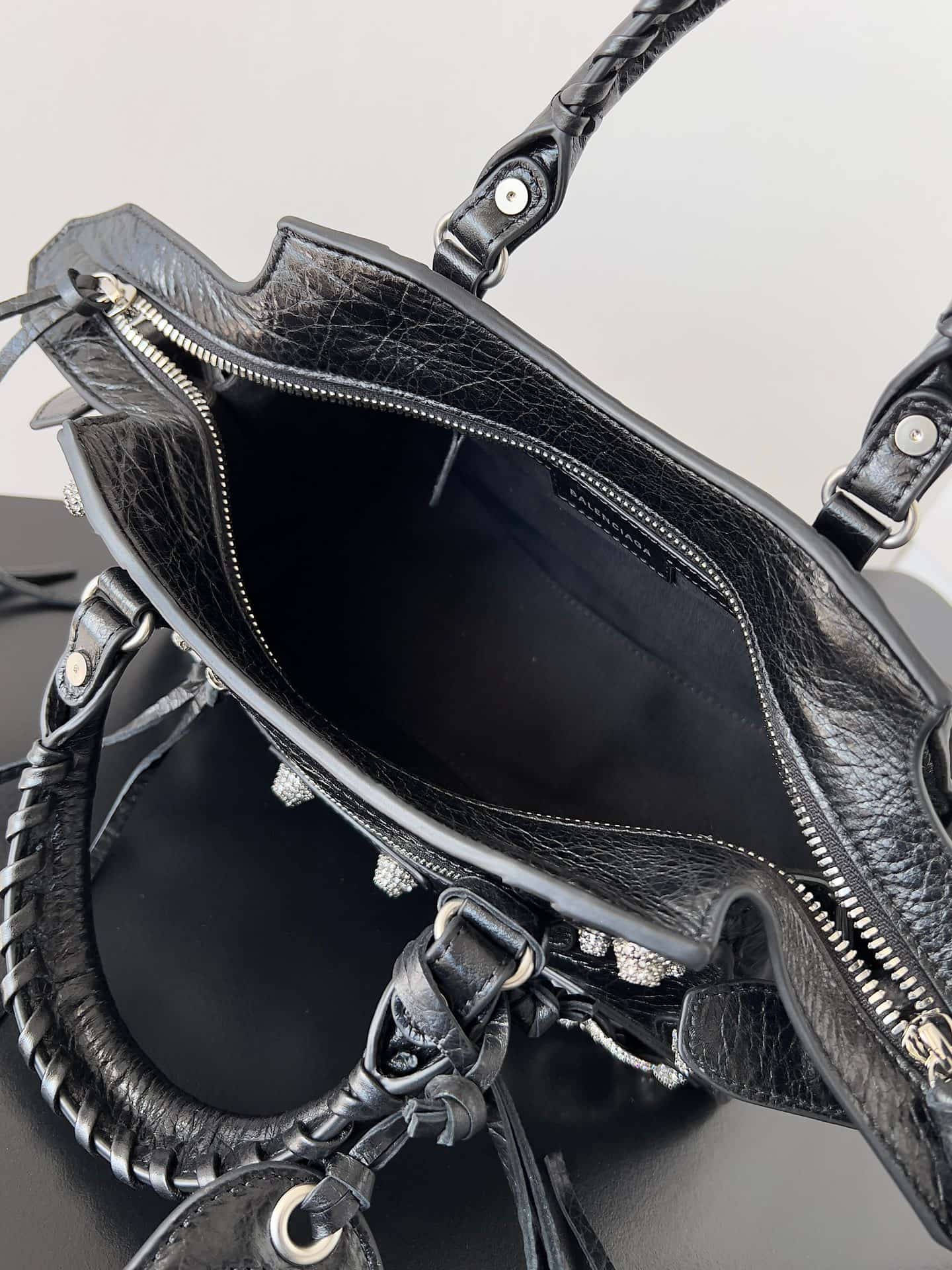 Balenciaga Small Neo Cagole City bag in Black lambskin leather with crystal rhinestones High