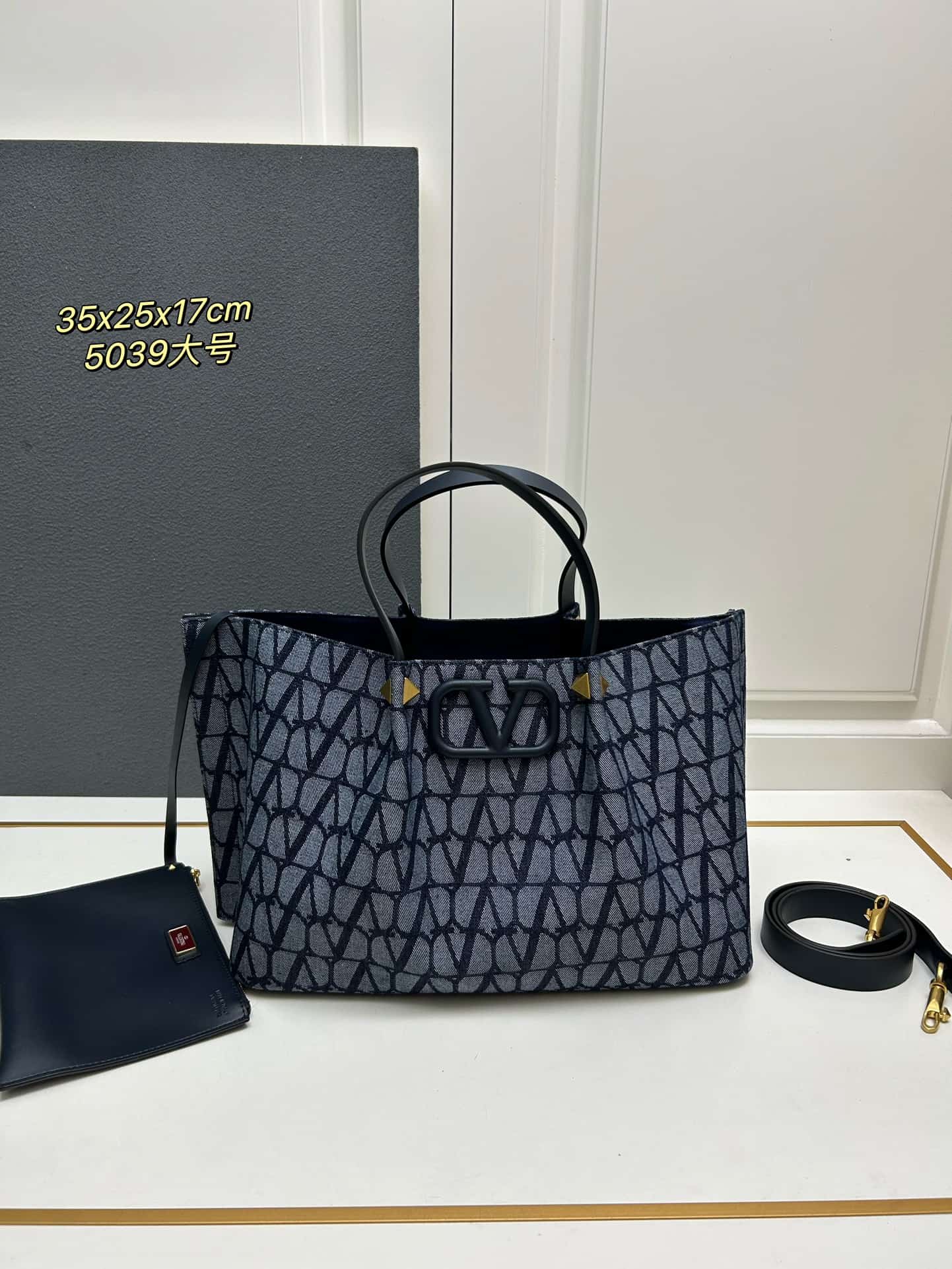 Valentino Garavani VLogo Signature Toile Iconographe Tote Bag Navy Blue Mid