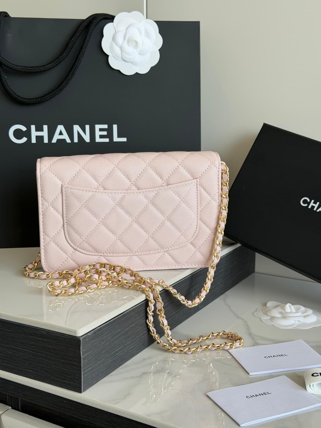 Chanel Wallet on Chain Shiny Grained Calfskin Strass & Gold-Tone Metal Pink AP5073 High